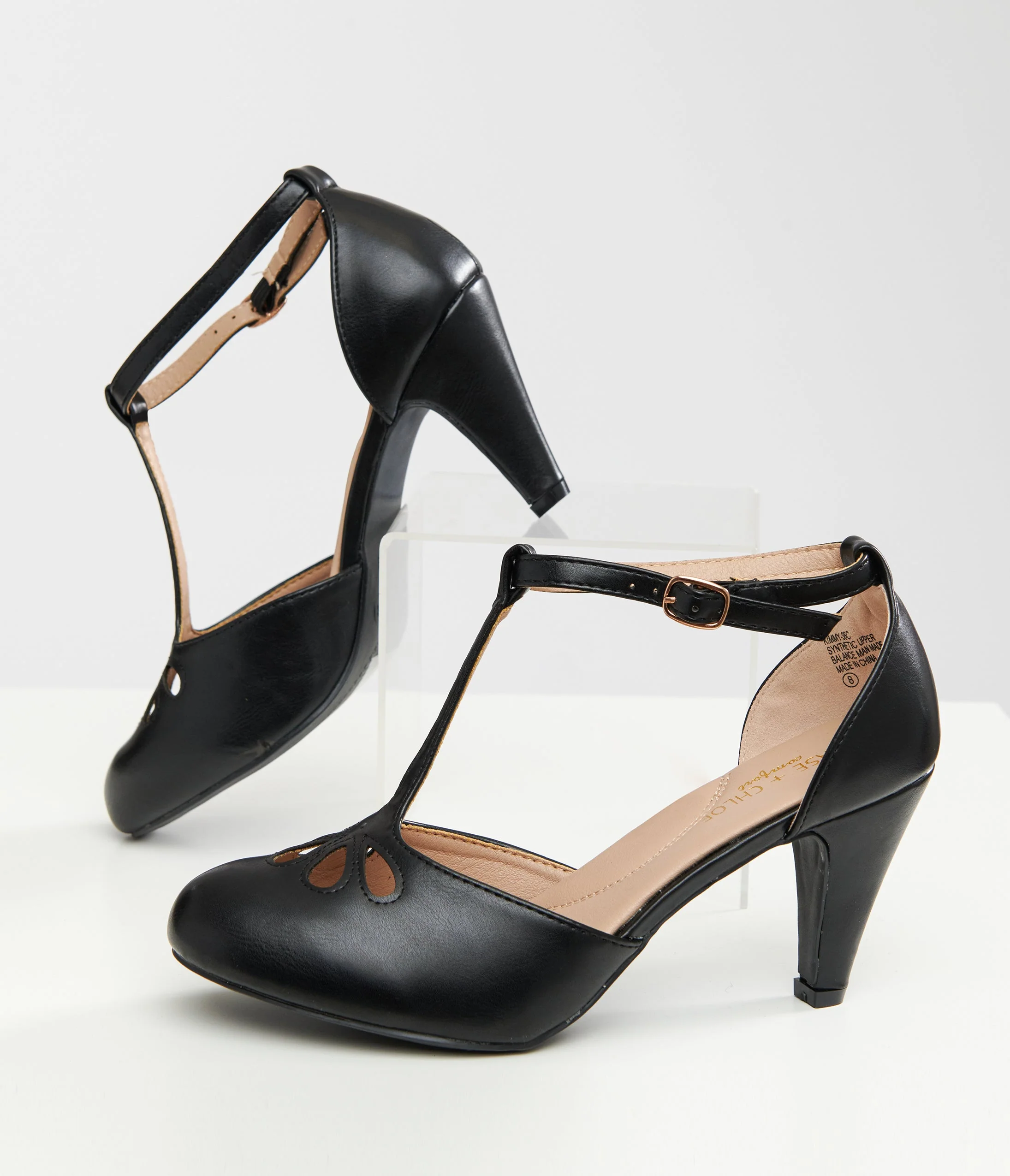 1920s Black Leatherette T-Strap Heels - Image 3