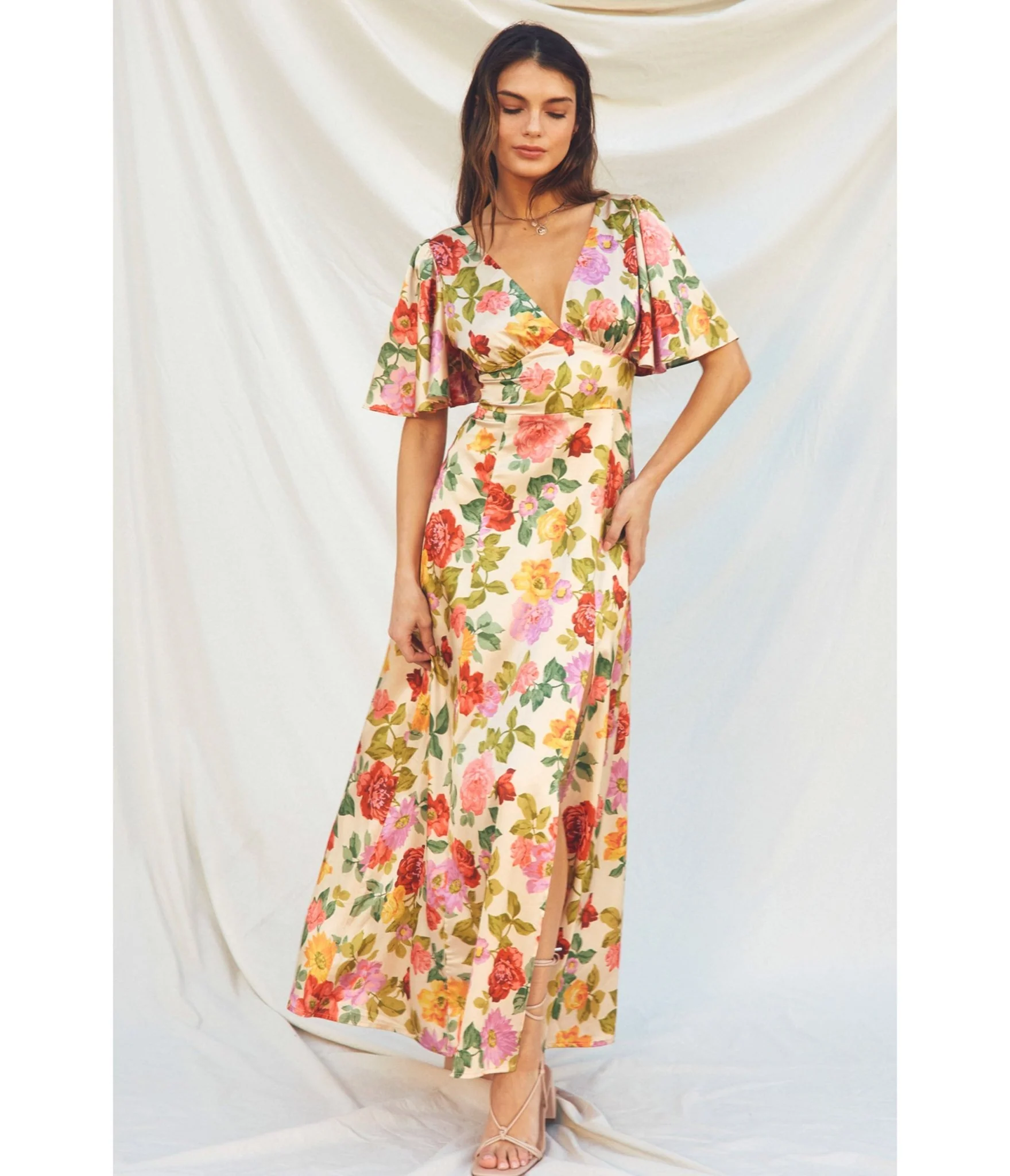 1930's Flutter Sleeve Floral Maxi Dress