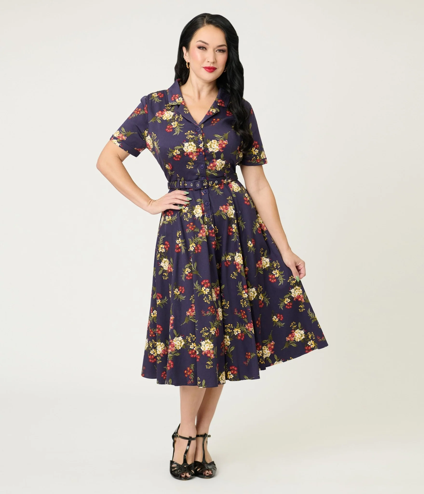 Banned Dark Blue Romantic Floral Midi Dress - Image 4