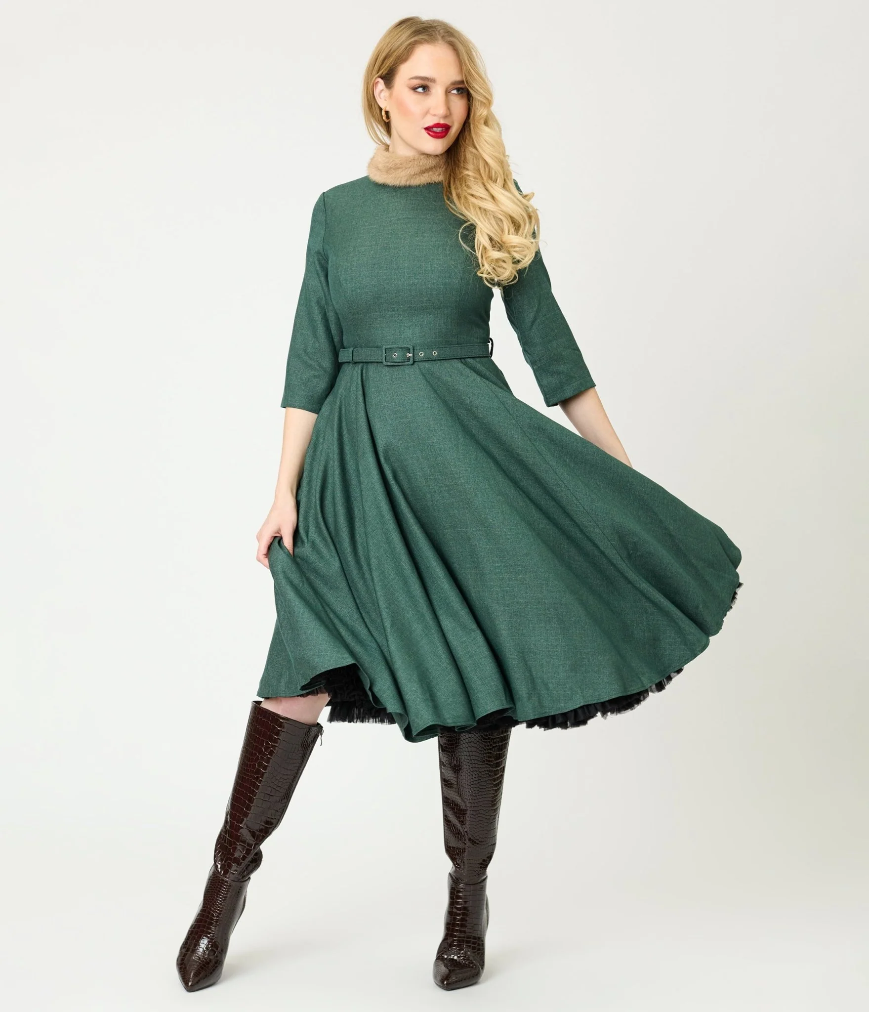 Banned Green & Brown Faux Fur Collar Swing Dress - Image 4