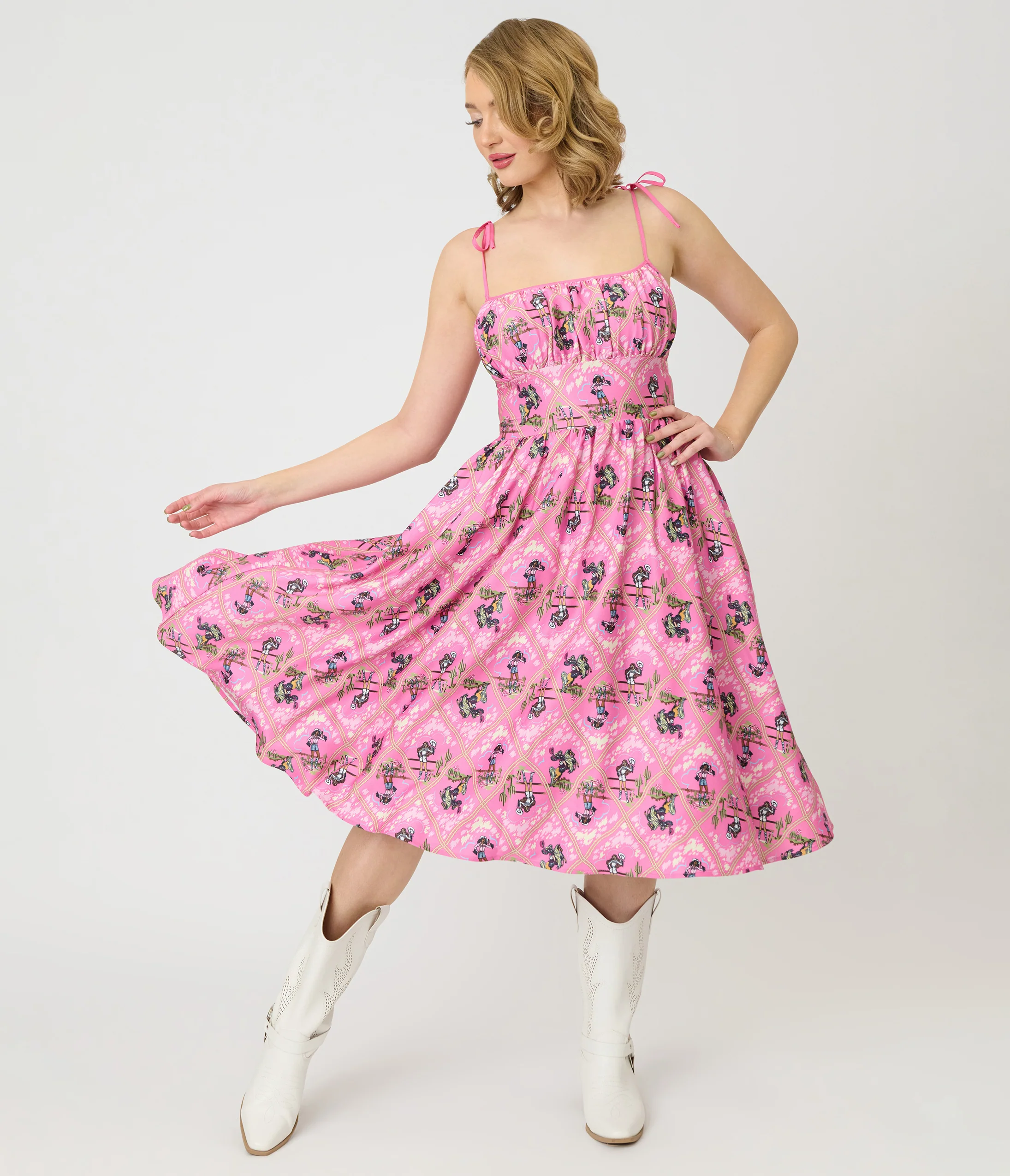Barbieâ€šÃ‘Â¢ x Unique Vintage Pink Rodeo Print Sleeveless Swing Dress - Image 3