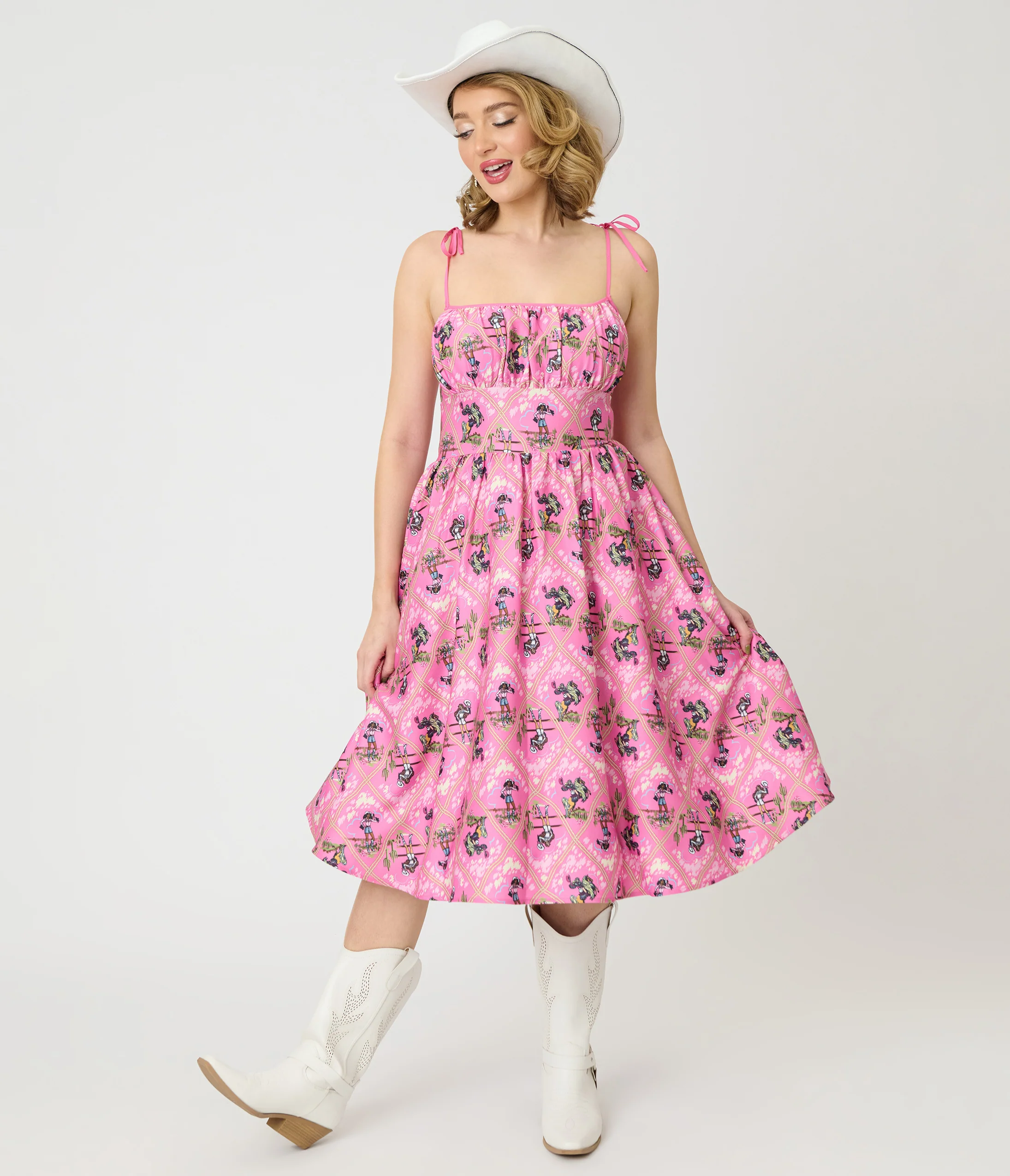 Barbieâ€šÃ‘Â¢ x Unique Vintage Pink Rodeo Print Sleeveless Swing Dress - Image 4