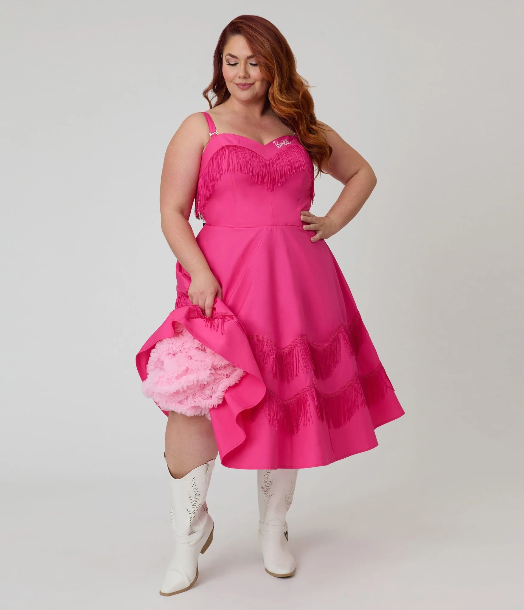 Barbie™ x Unique Vintage Plus Size Hot Pink Fringe Girlie Swing Dress - Image 3