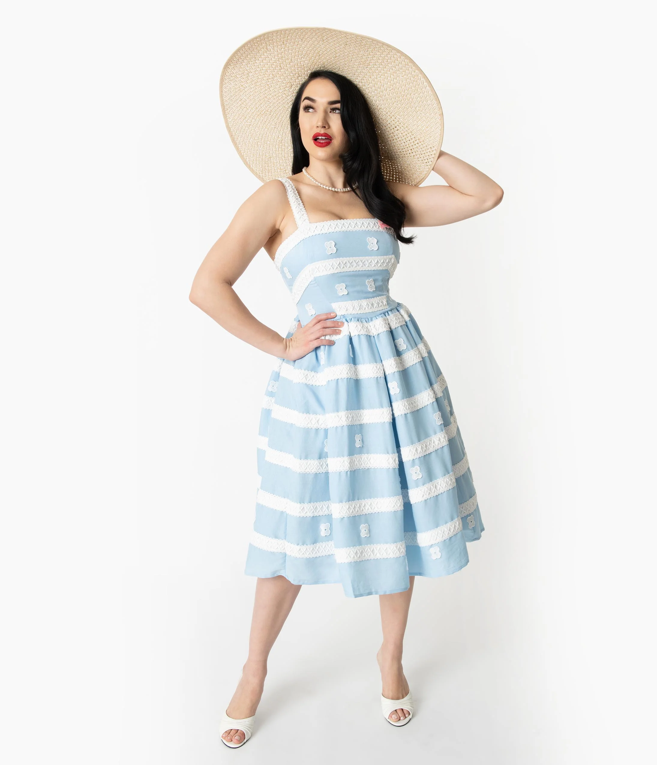Barbieâ€šÃ‘Â¢ x Unique Vintage Blue & White Suburban Shopper Sundress