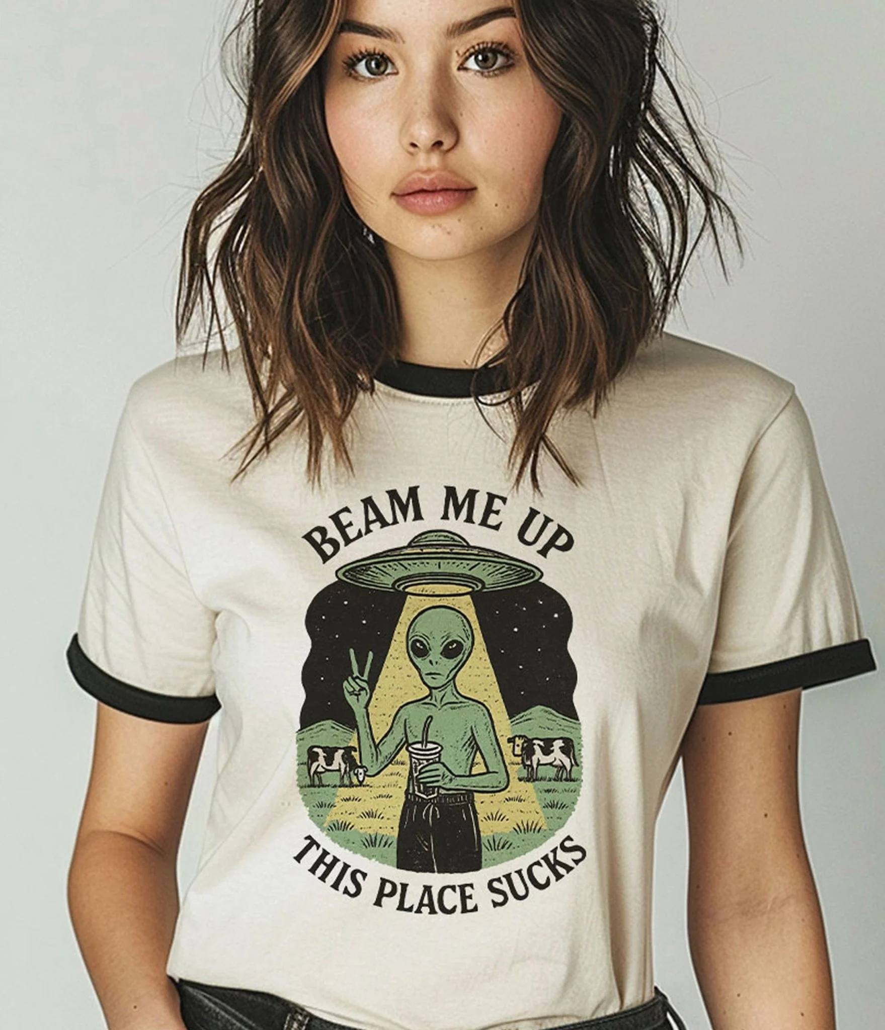 Beam Me Up Alien Unisex Graphic Ringer Tee
