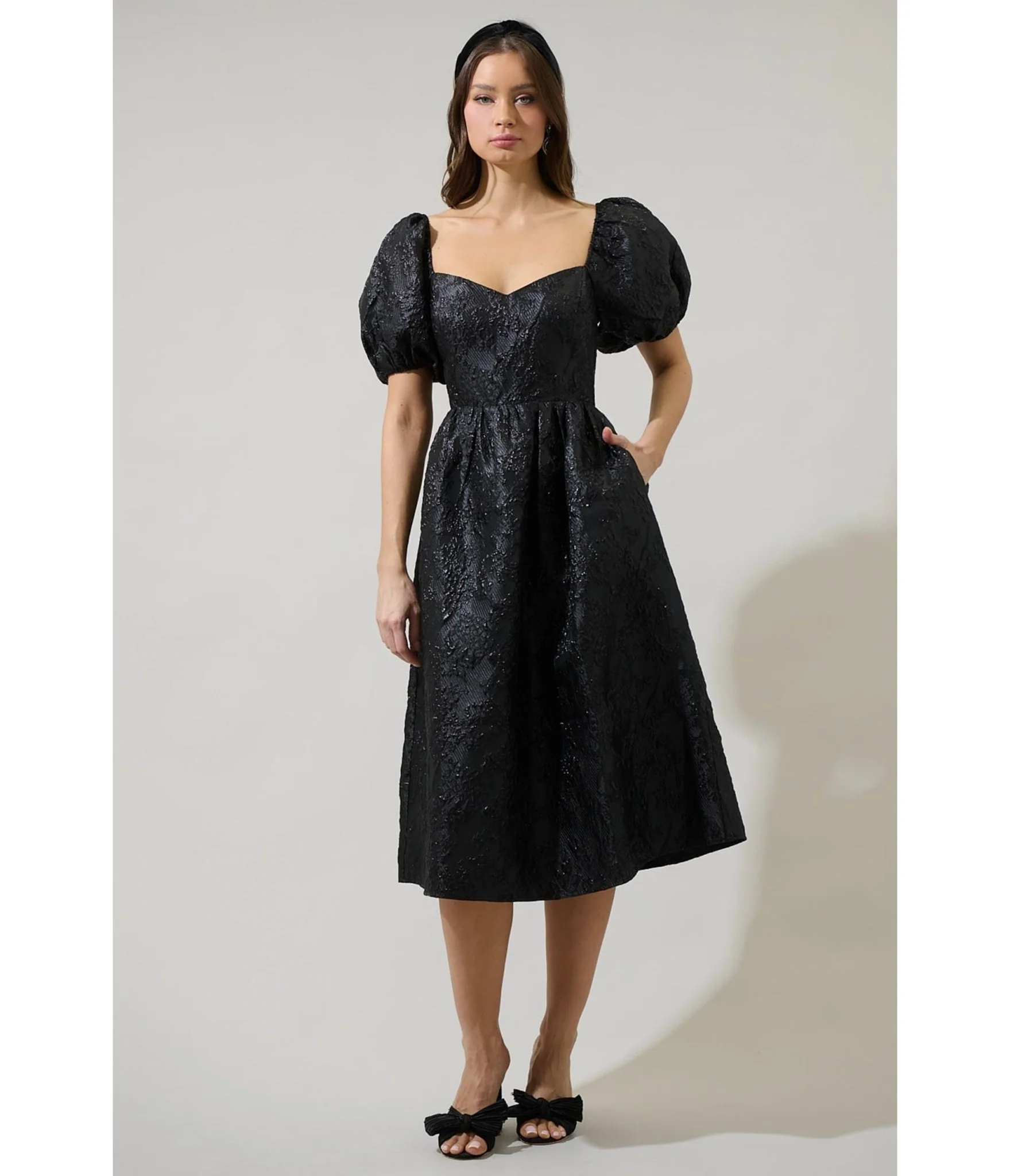 Black Floral Jacquard Puff Sleeve Midi Dress in Black