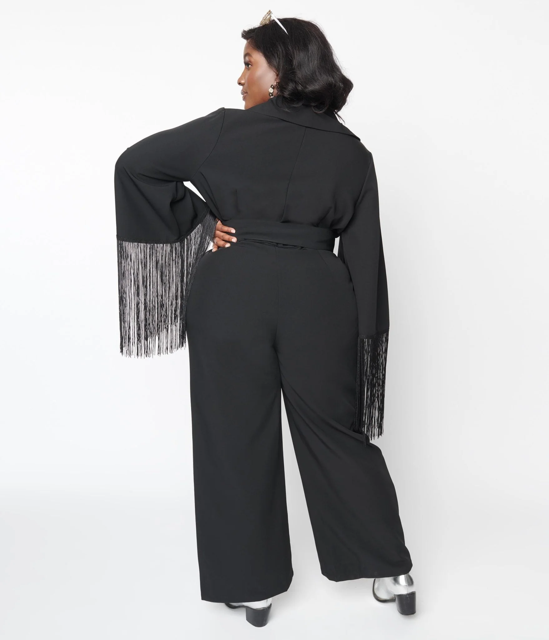1970s Black Fringe Belted Jumpsuit - Image 3