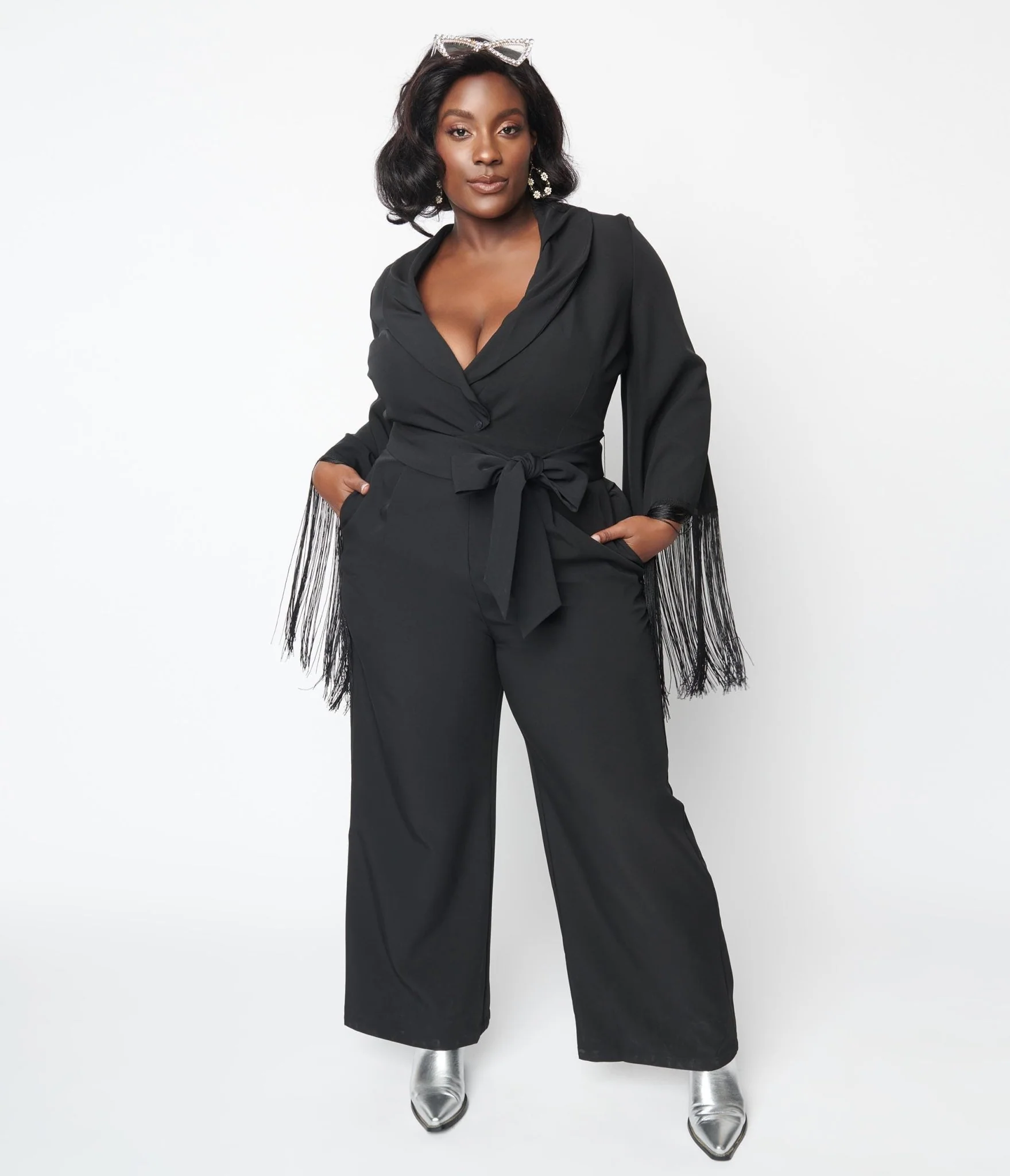 1970s Black Fringe Belted Jumpsuit - Image 4