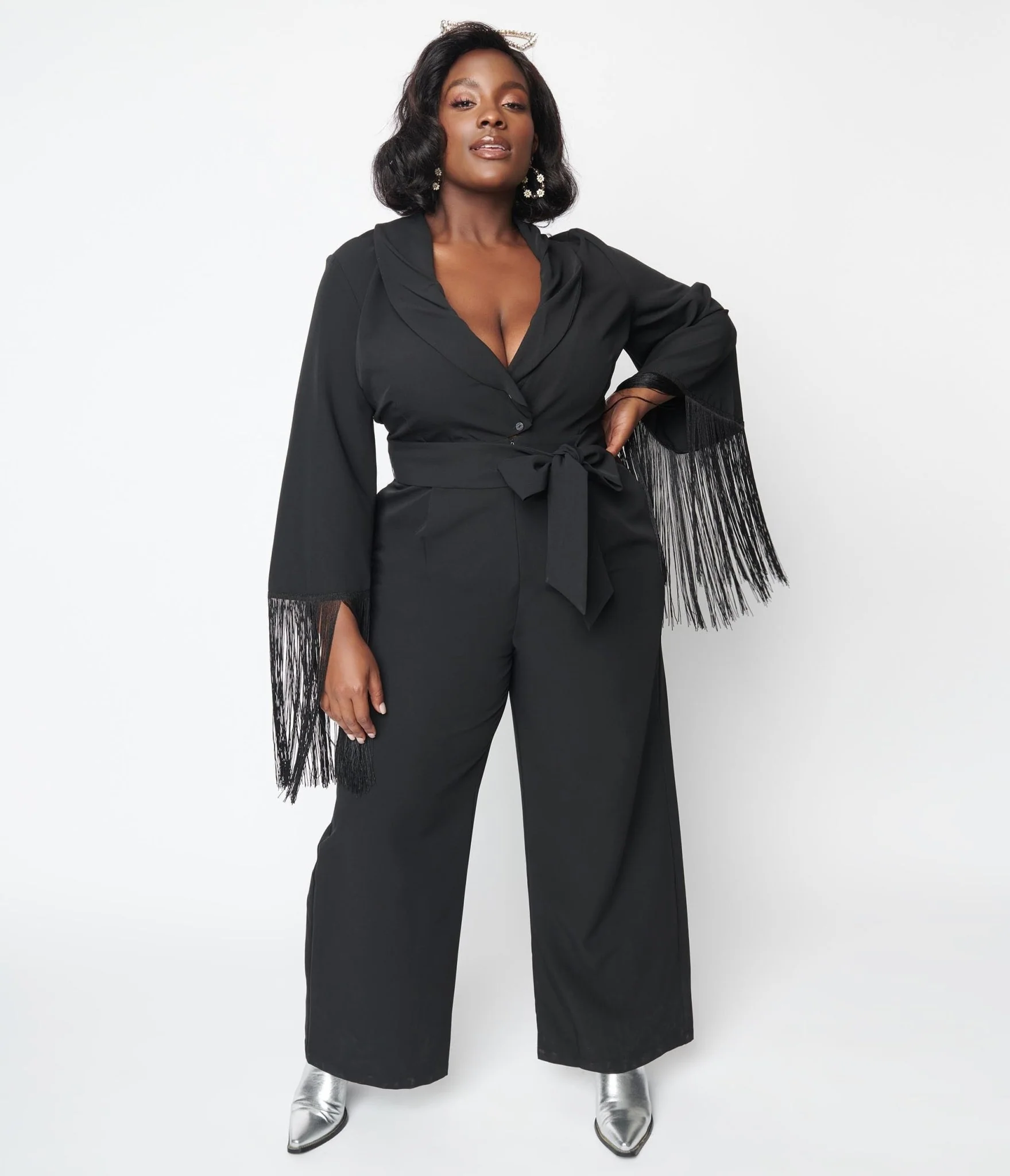 1970s Black Fringe Belted Jumpsuit - Image 5