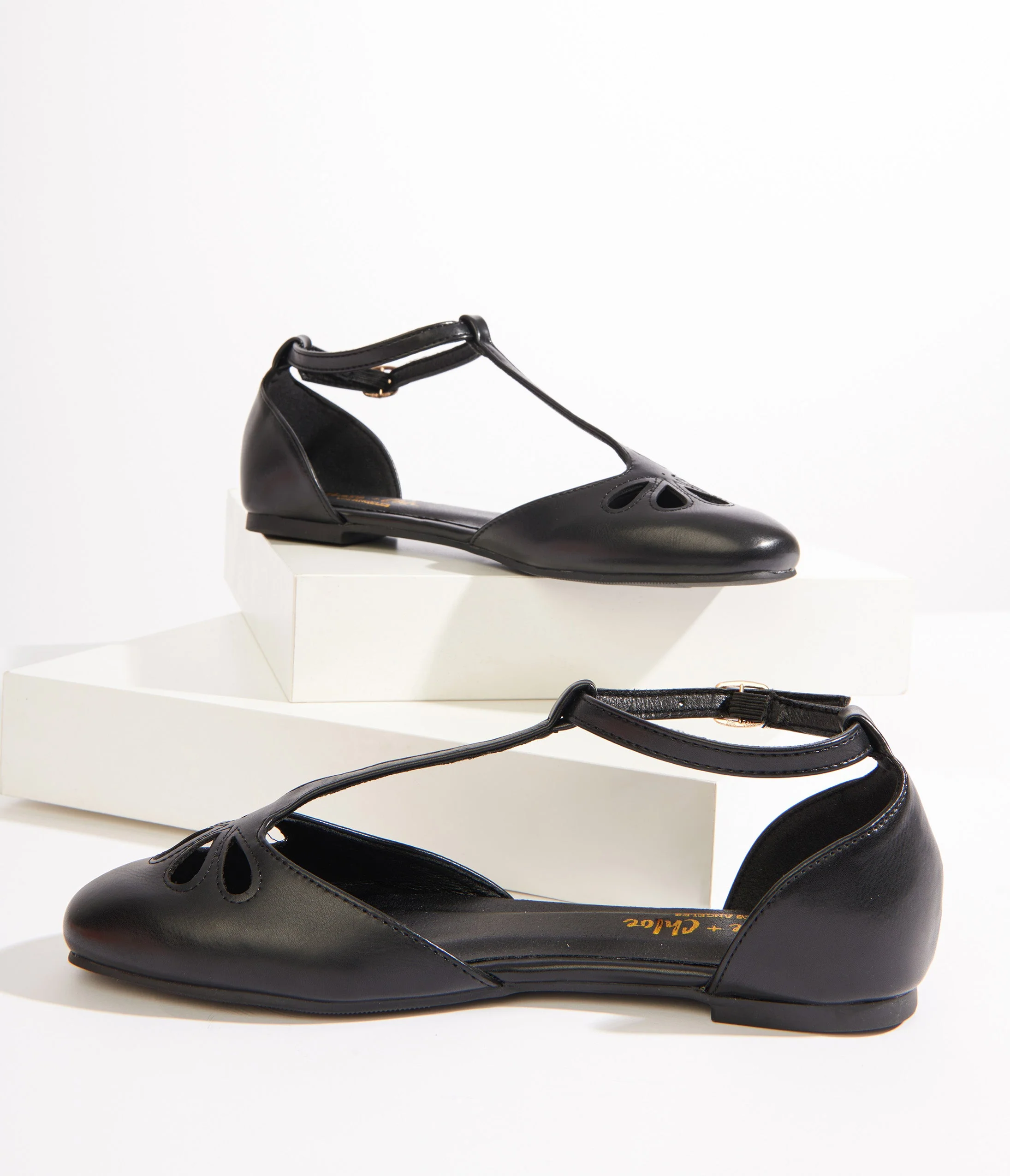 1920s Style Black Leatherette T-Strap Flats - Image 3