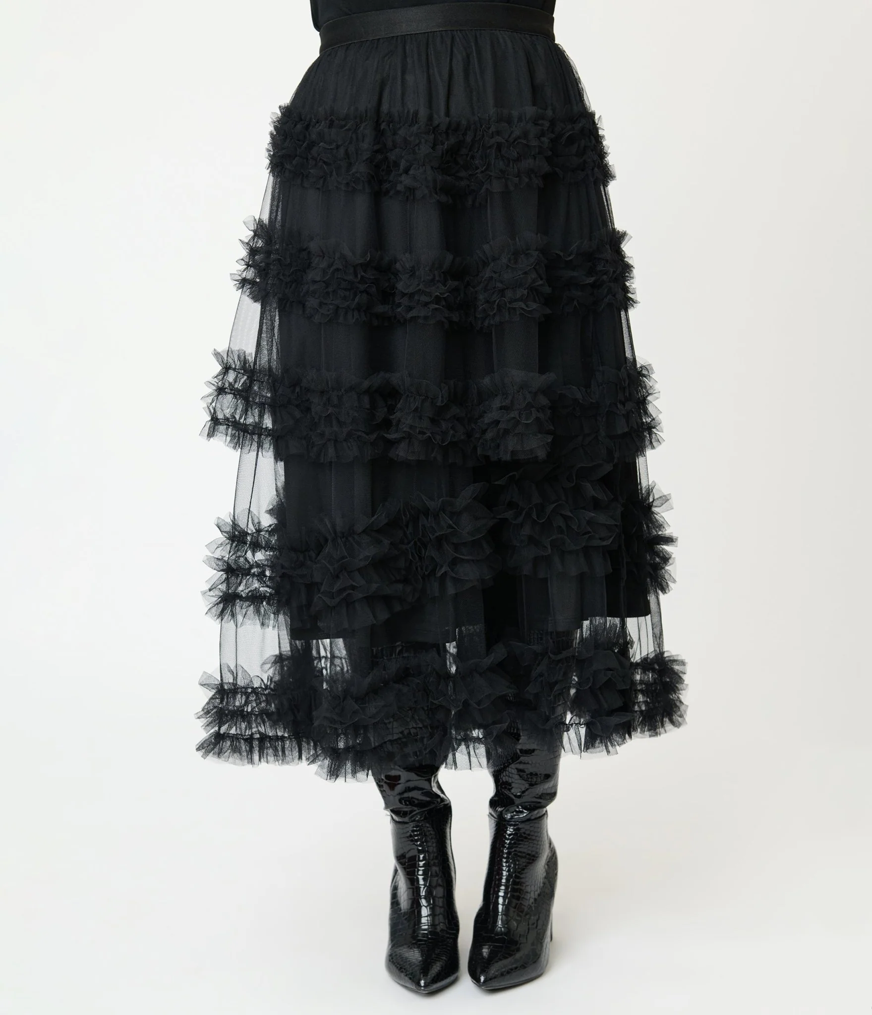 Black Mesh Ruffled Tier Midi Skirt - Image 2