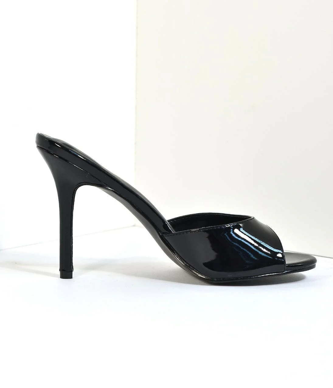 Black Patent Leatherette Peep Toe Slip On Heels - Image 3