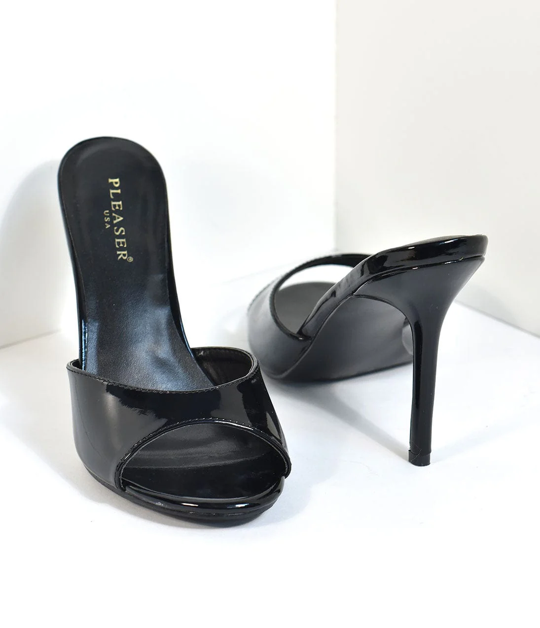 Black Patent Leatherette Peep Toe Slip On Heels - Image 4