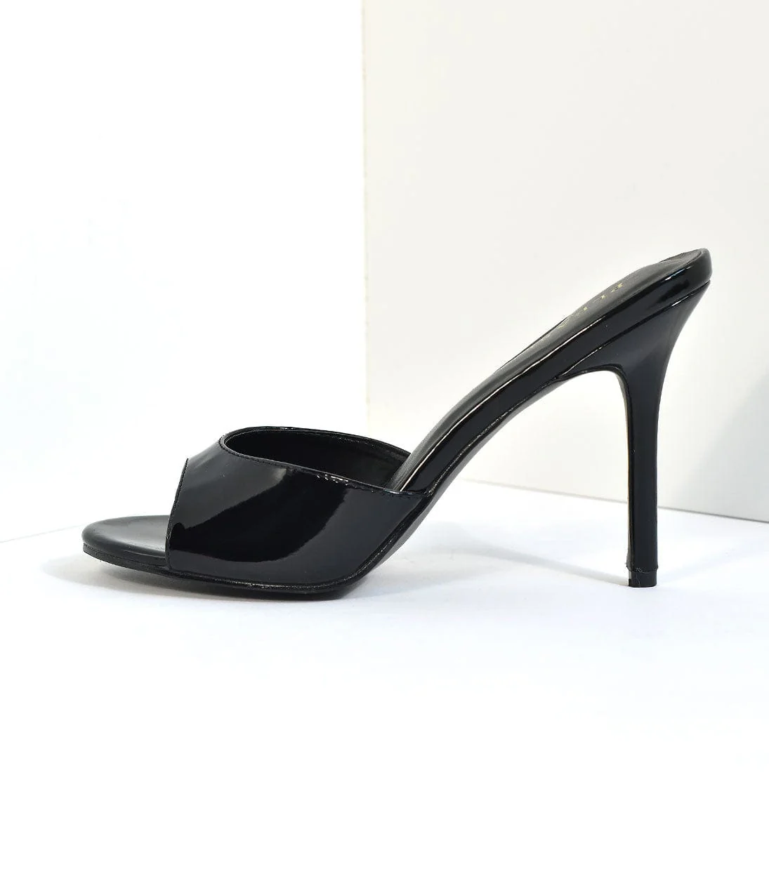 Black Patent Leatherette Peep Toe Slip On Heels - Image 5