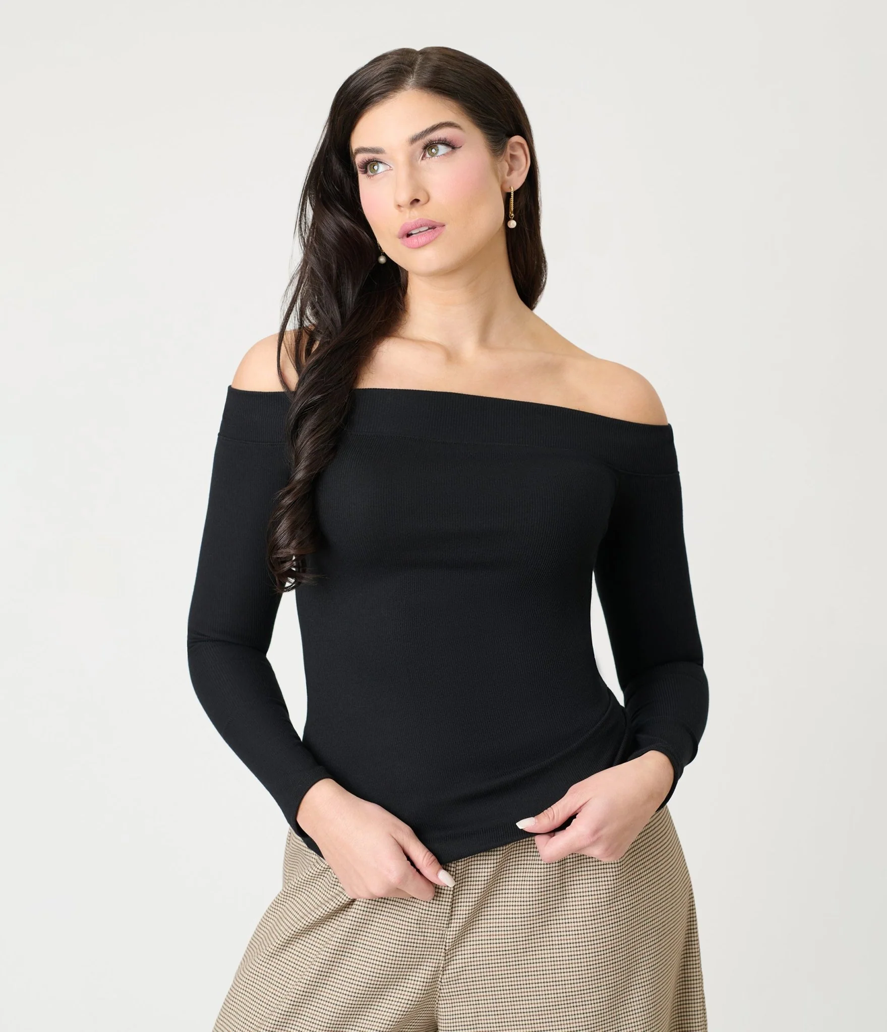 Black Ribbed Off Shoulder Top - Image 3
