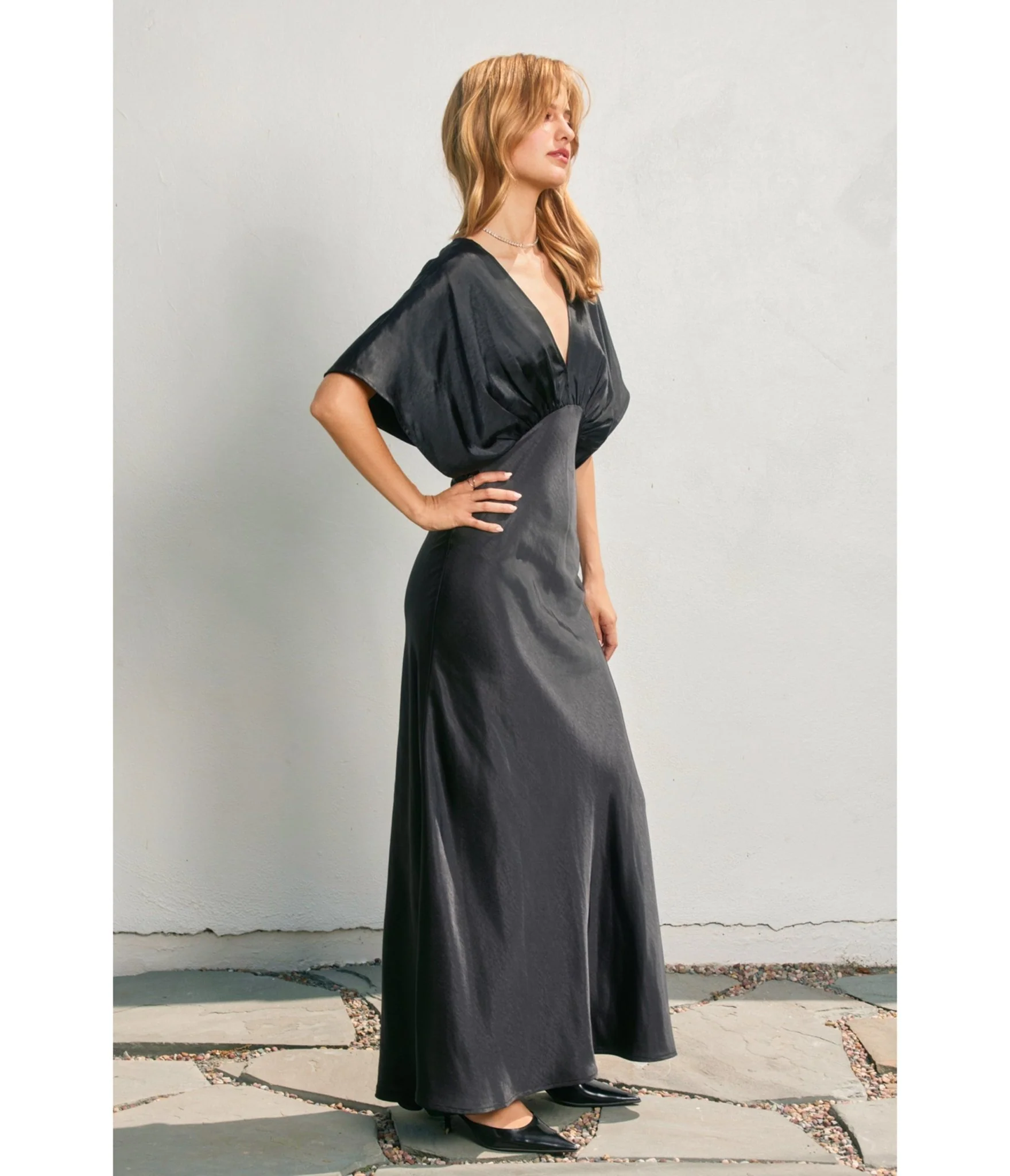 Black Satin Blouson Maxi Dress - Image 3