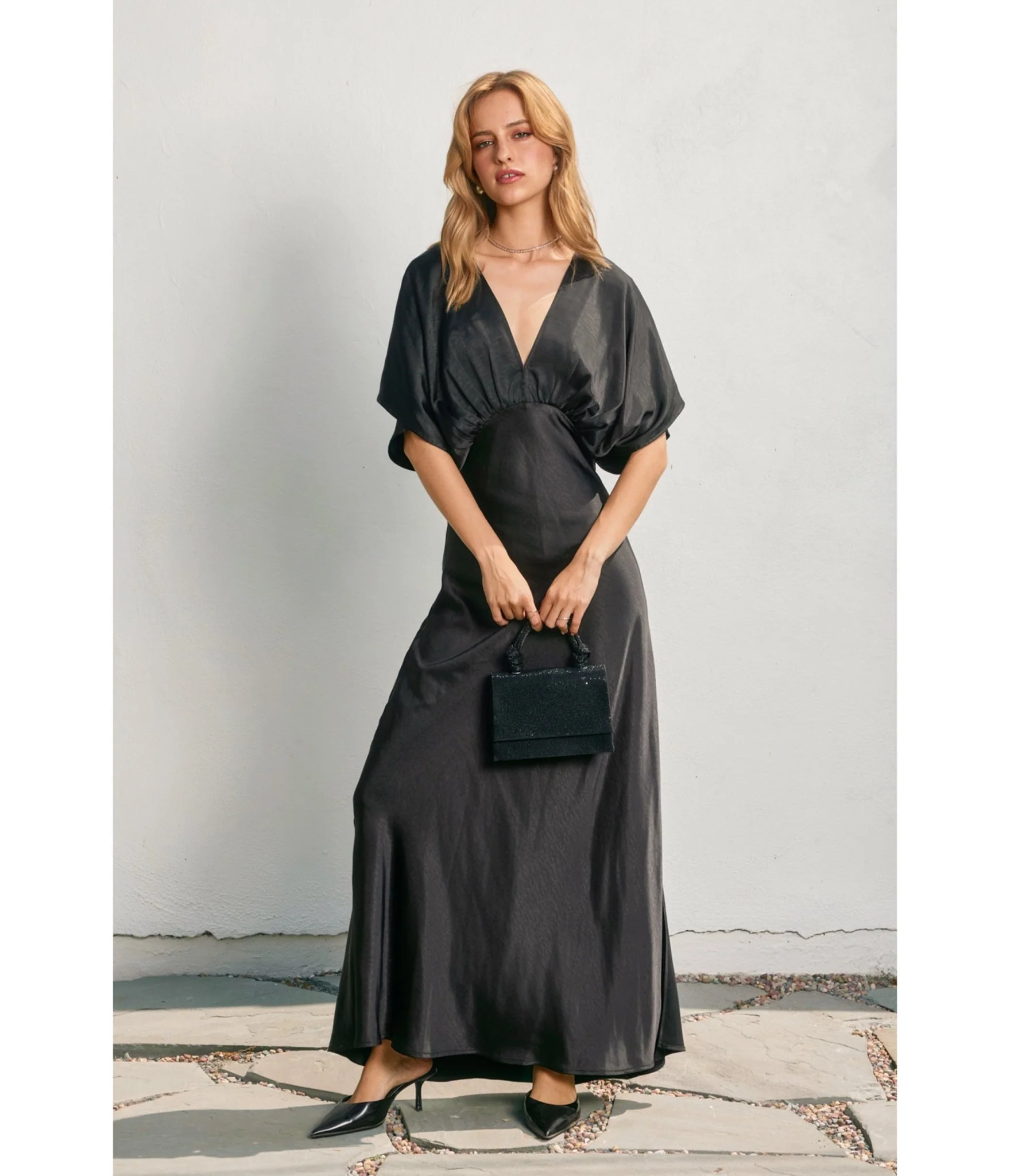 Black Satin Blouson Maxi Dress - Image 4