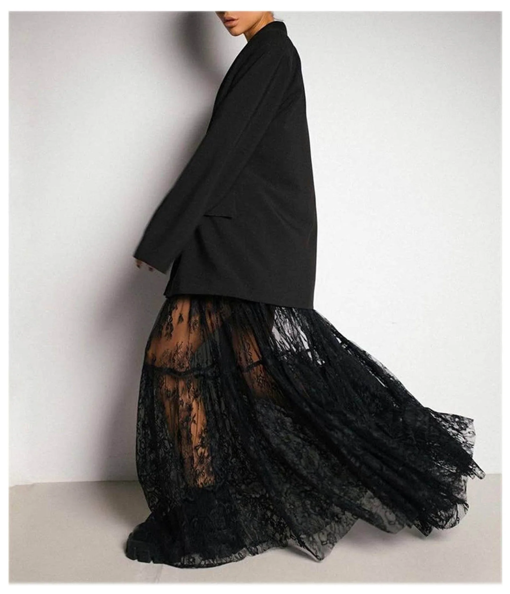 Black See Through Lace Maxi Skirt - Image 2