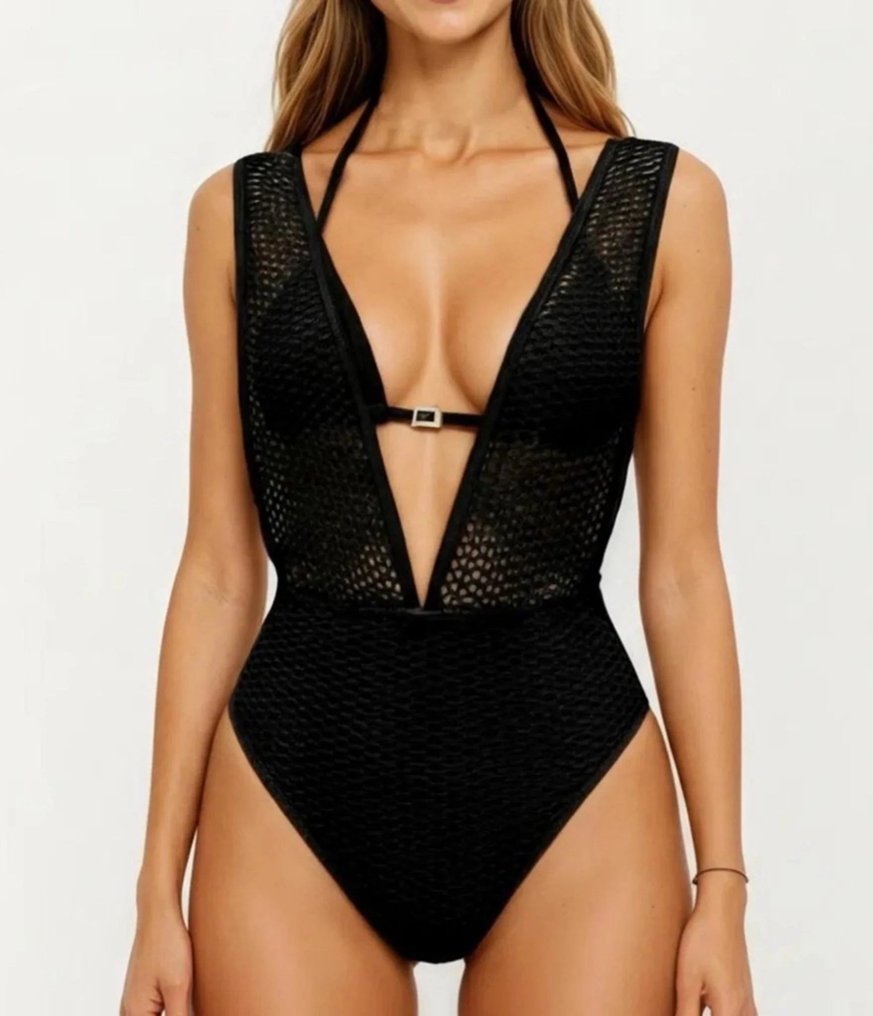 Black V Neck Illusion One Piece Swimsuit - Image 3