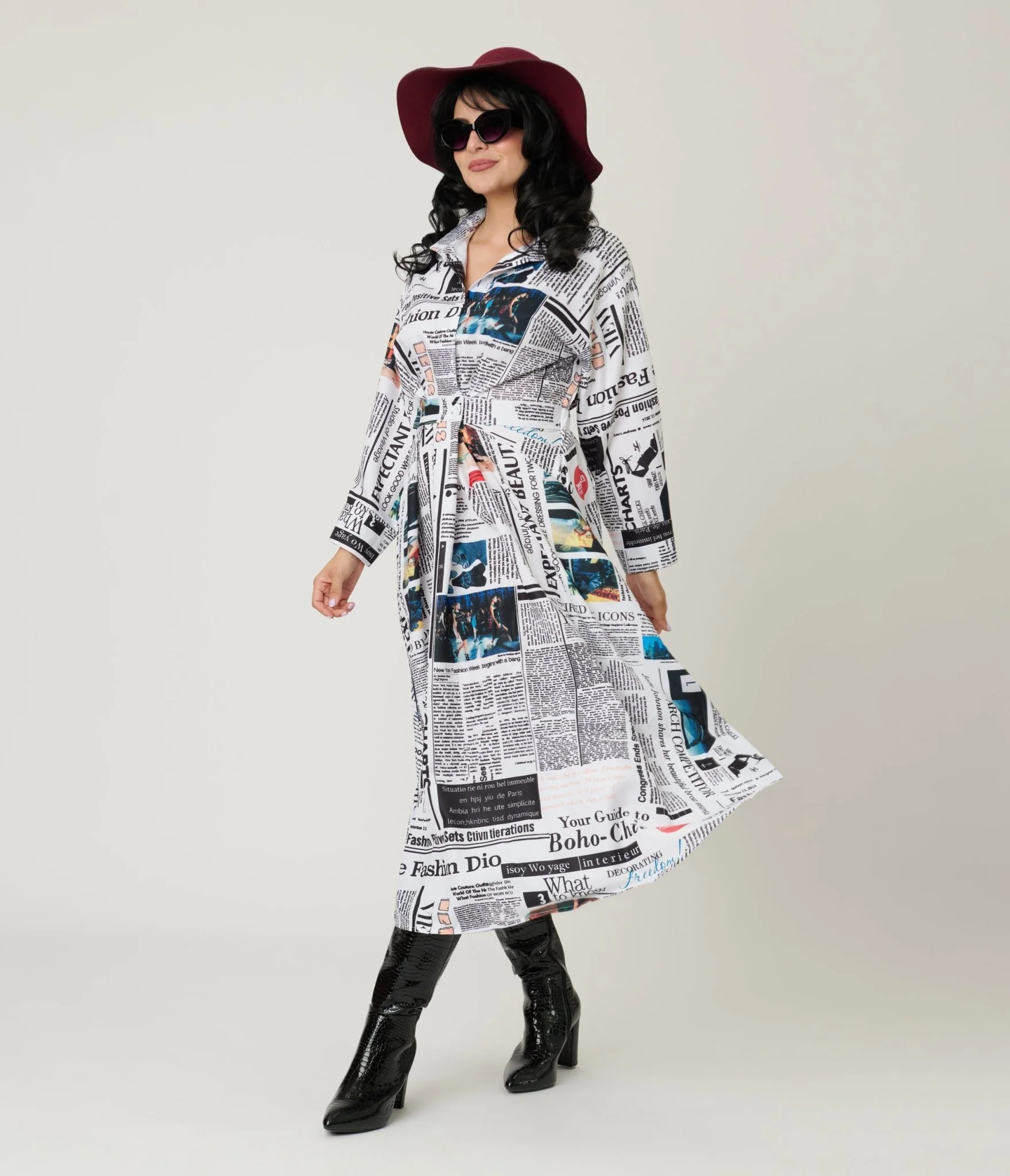 Black & White Fashion Magazine Print Midi Dress