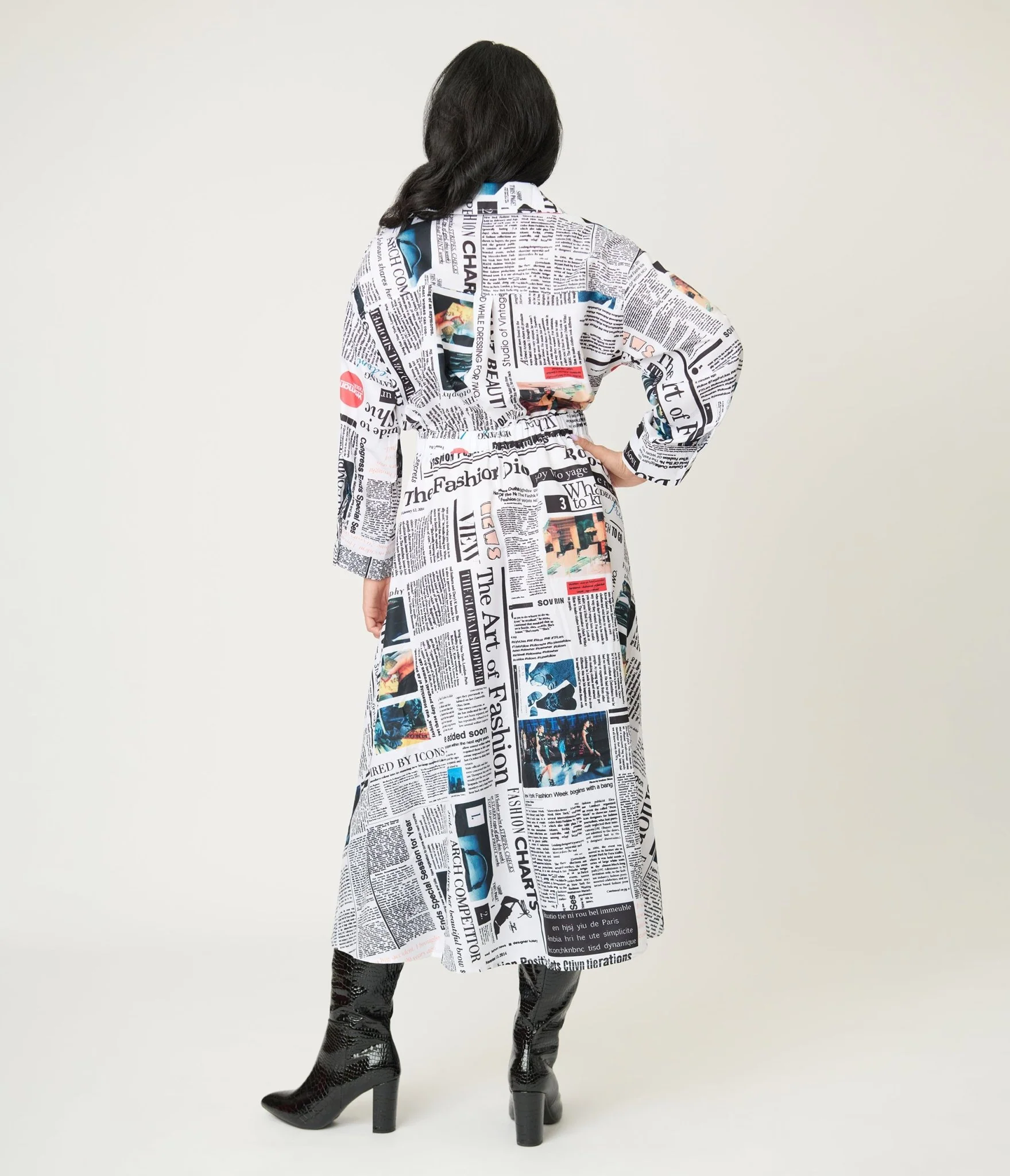 Black & White Fashion Magazine Print Midi Dress - Image 2