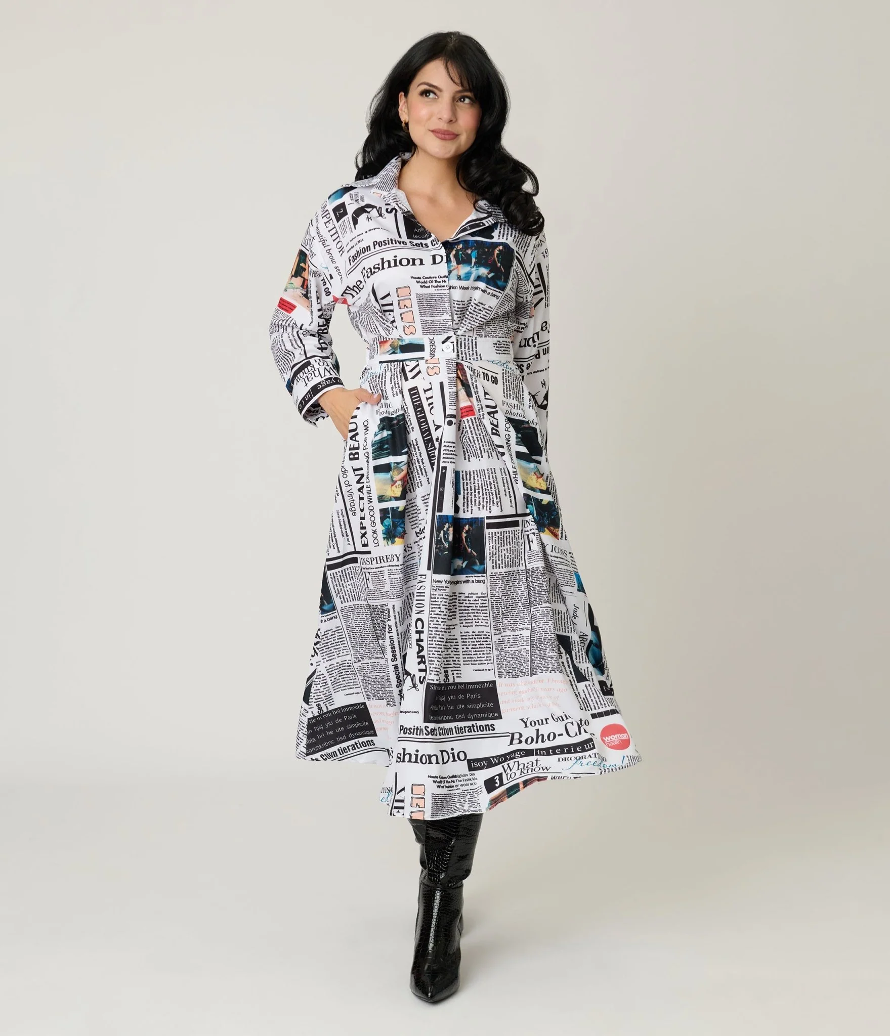 Black & White Fashion Magazine Print Midi Dress - Image 3