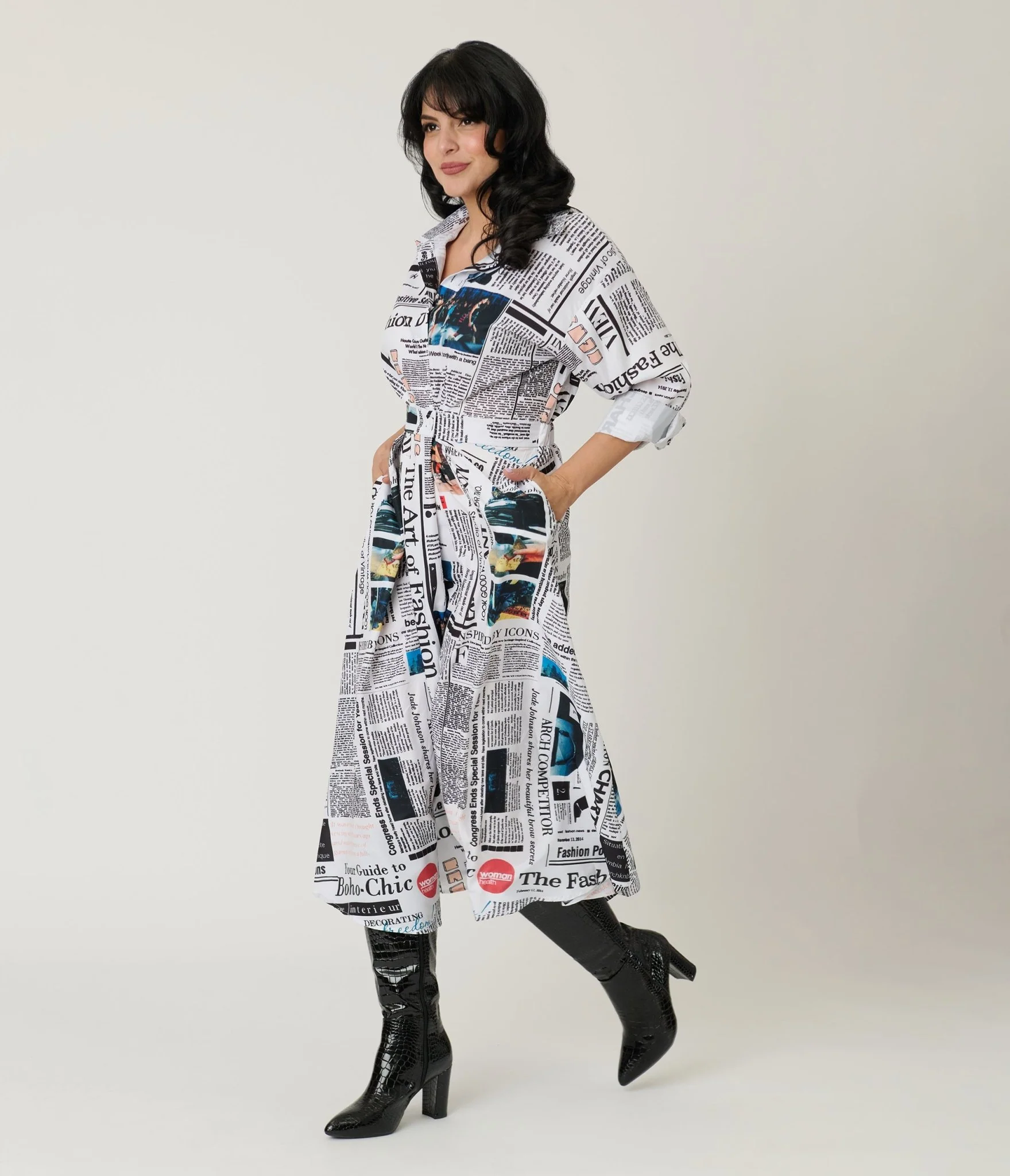 Black & White Fashion Magazine Print Midi Dress - Image 4