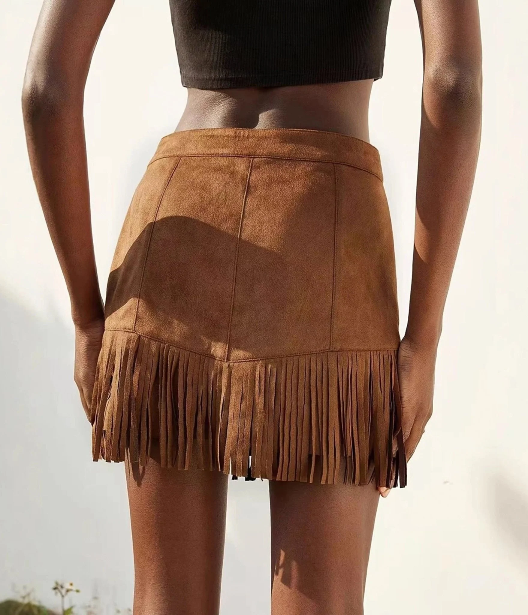 Brown Faux Suede Fringe Mini Skirt - Image 2