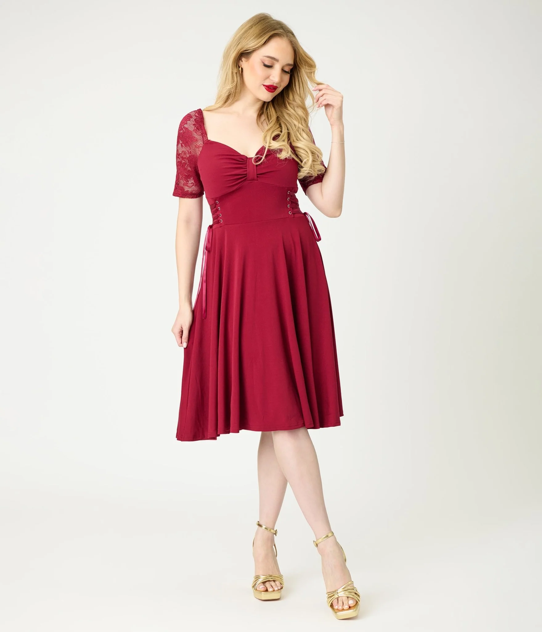 Burgundy Lace Sleeve Swing Dress - Image 3