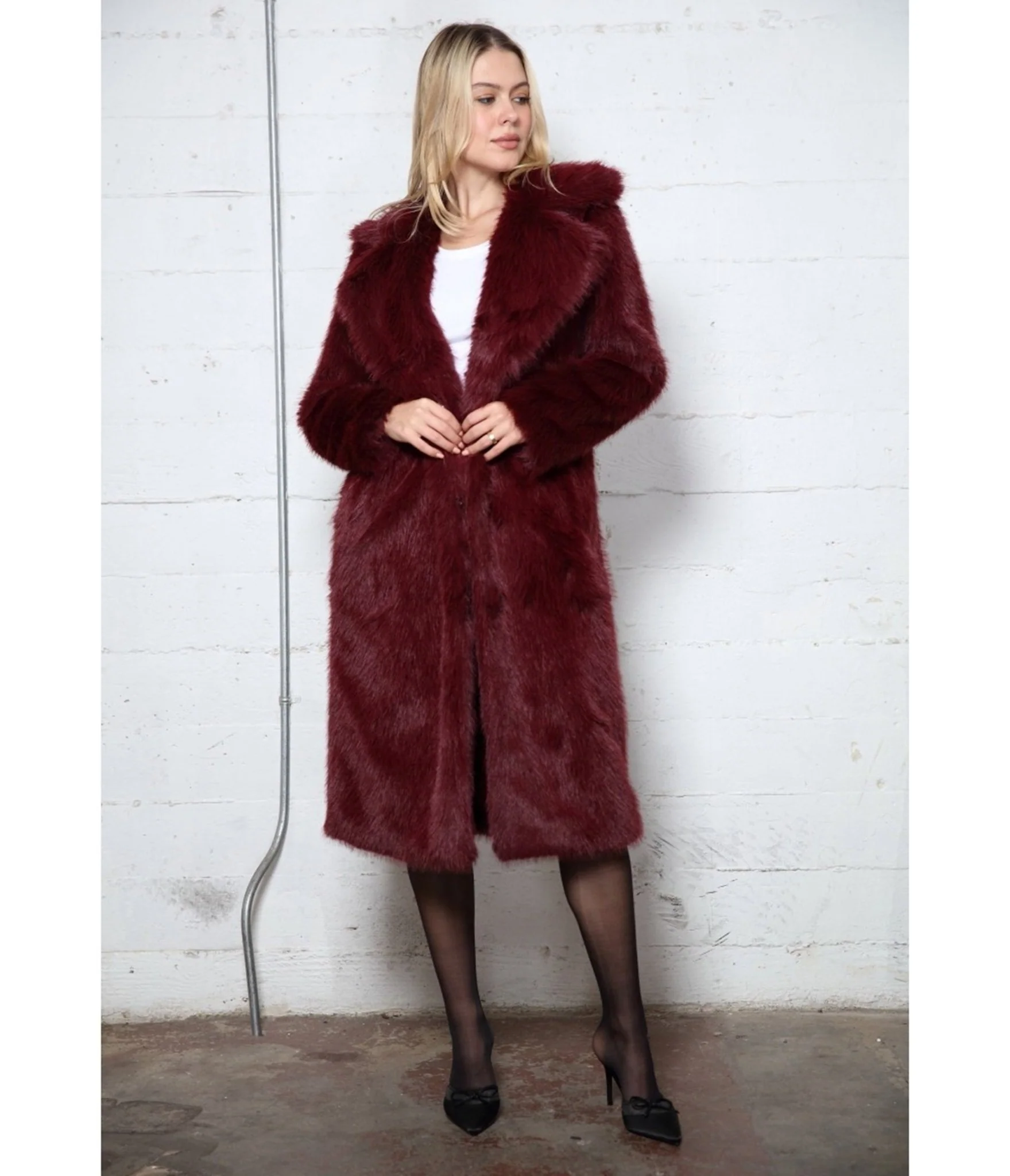 Burgundy Long Hair Faux Fur Overcoat