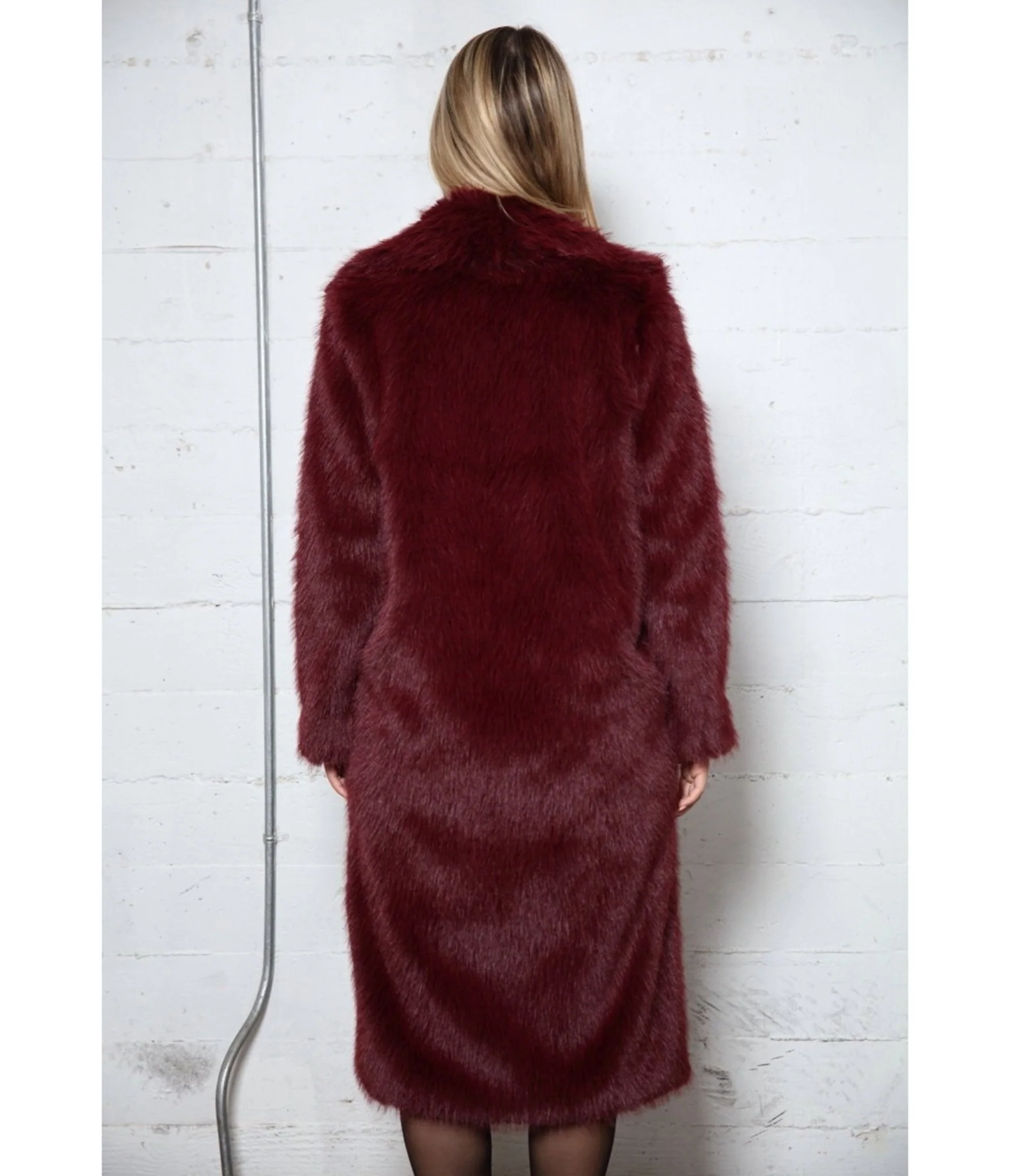 Burgundy Long Hair Faux Fur Overcoat - Image 2