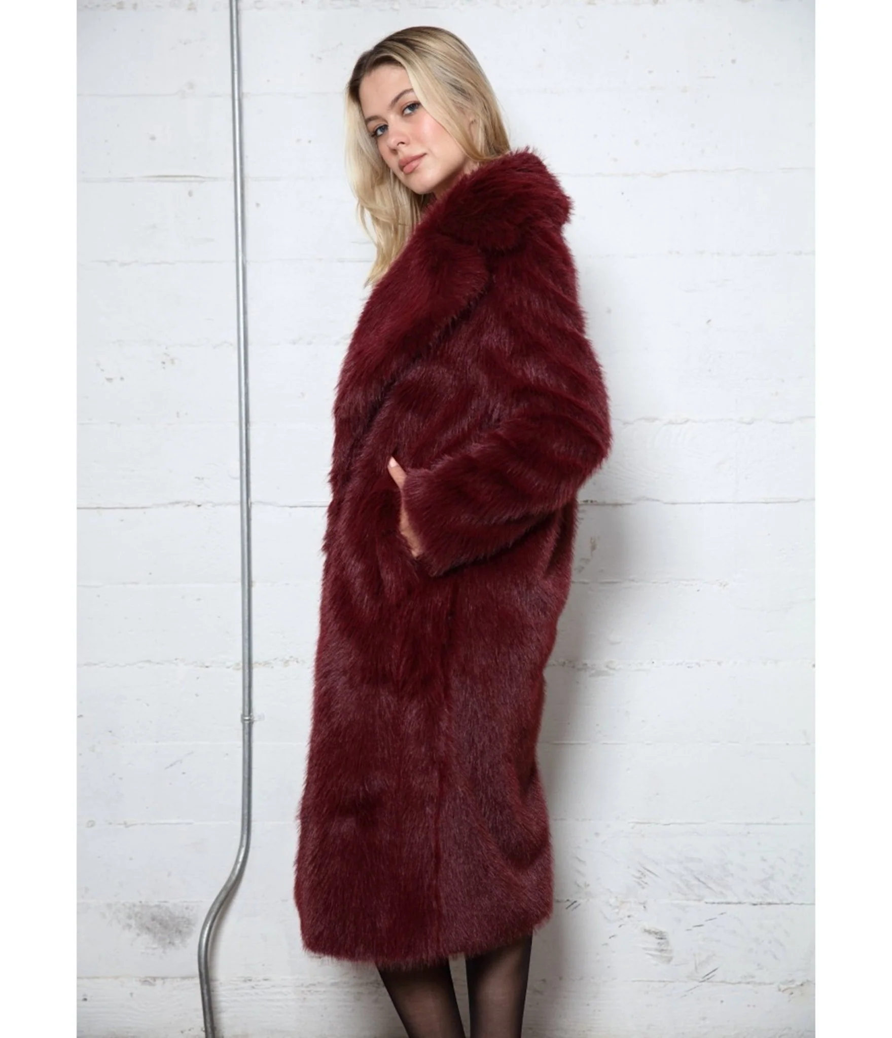 Burgundy Long Hair Faux Fur Overcoat - Image 3