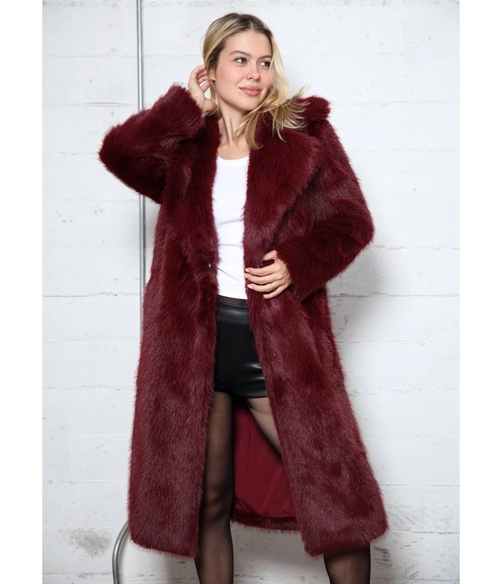 Burgundy Long Hair Faux Fur Overcoat - Image 4