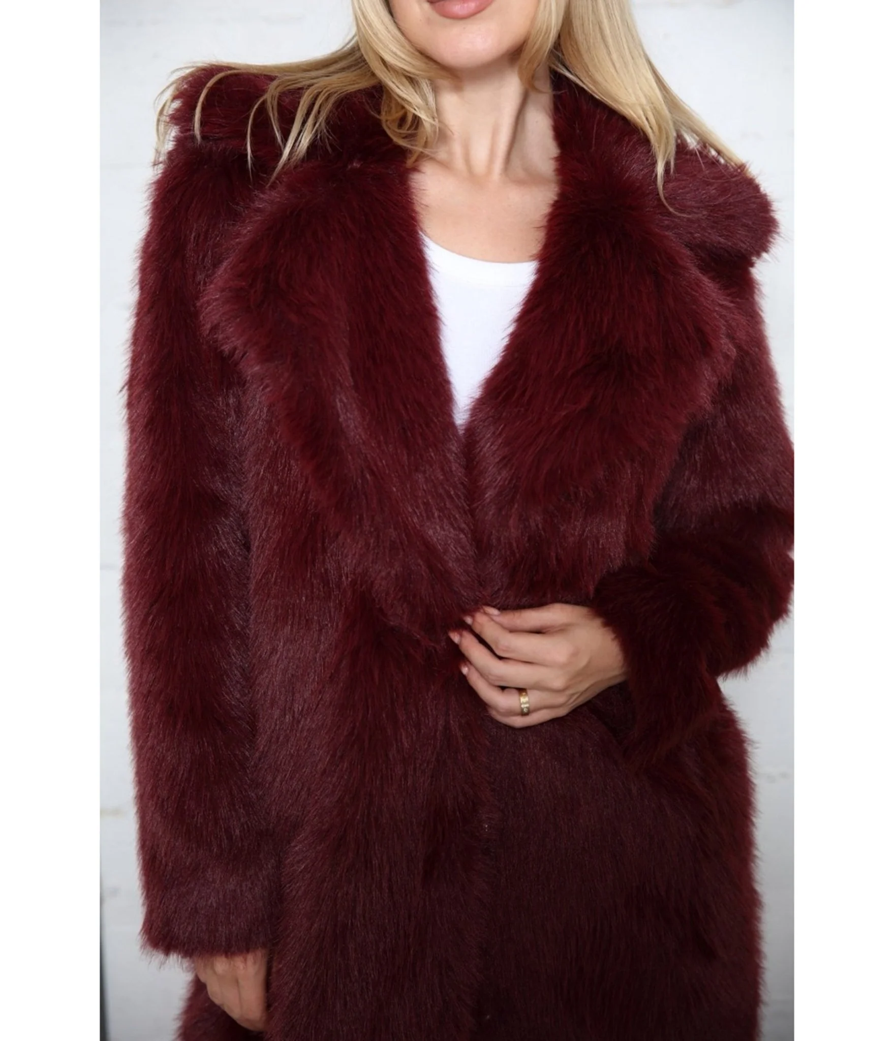 Burgundy Long Hair Faux Fur Overcoat - Image 5