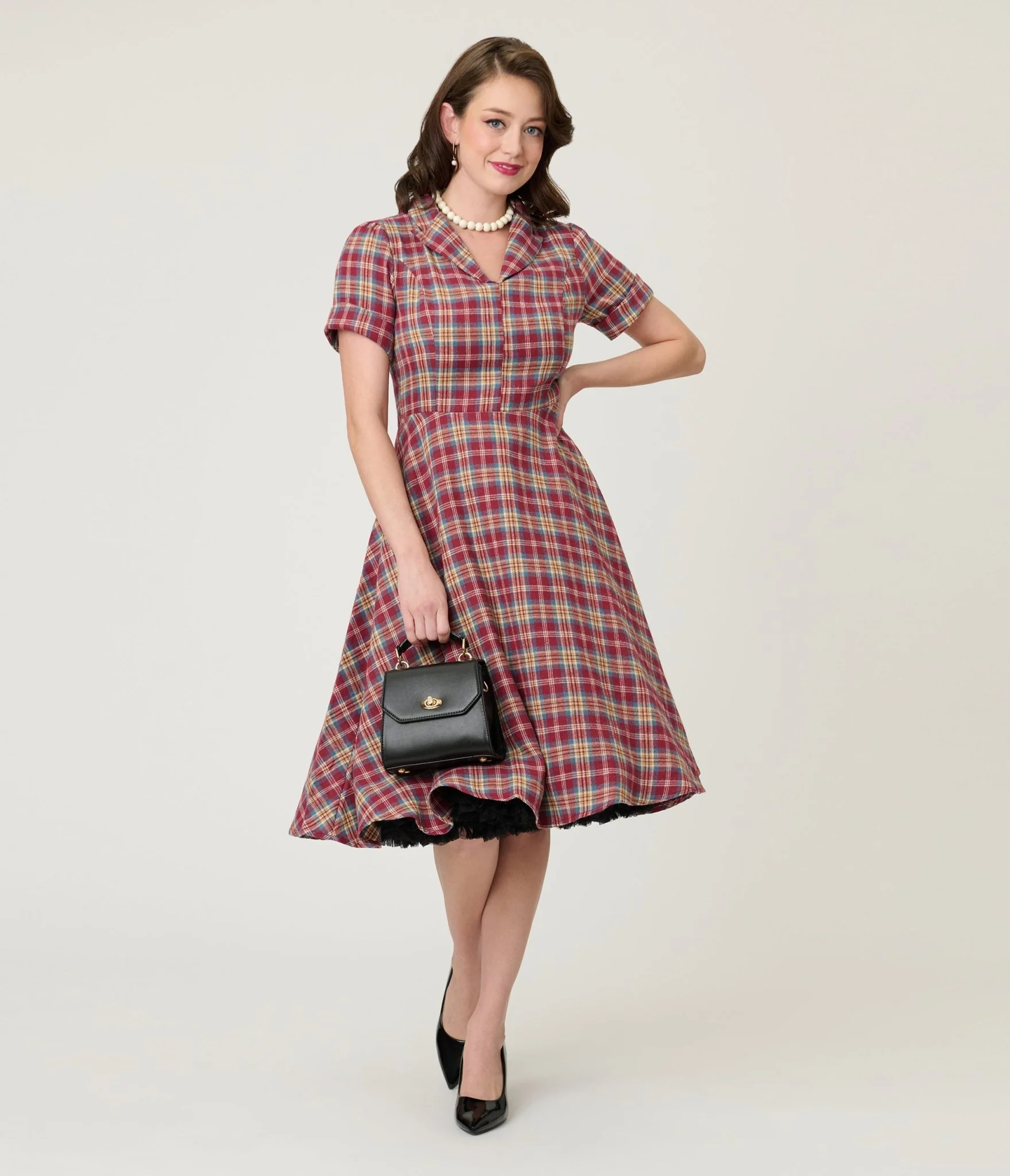 Burgundy & Tan Plaid Swing Dress