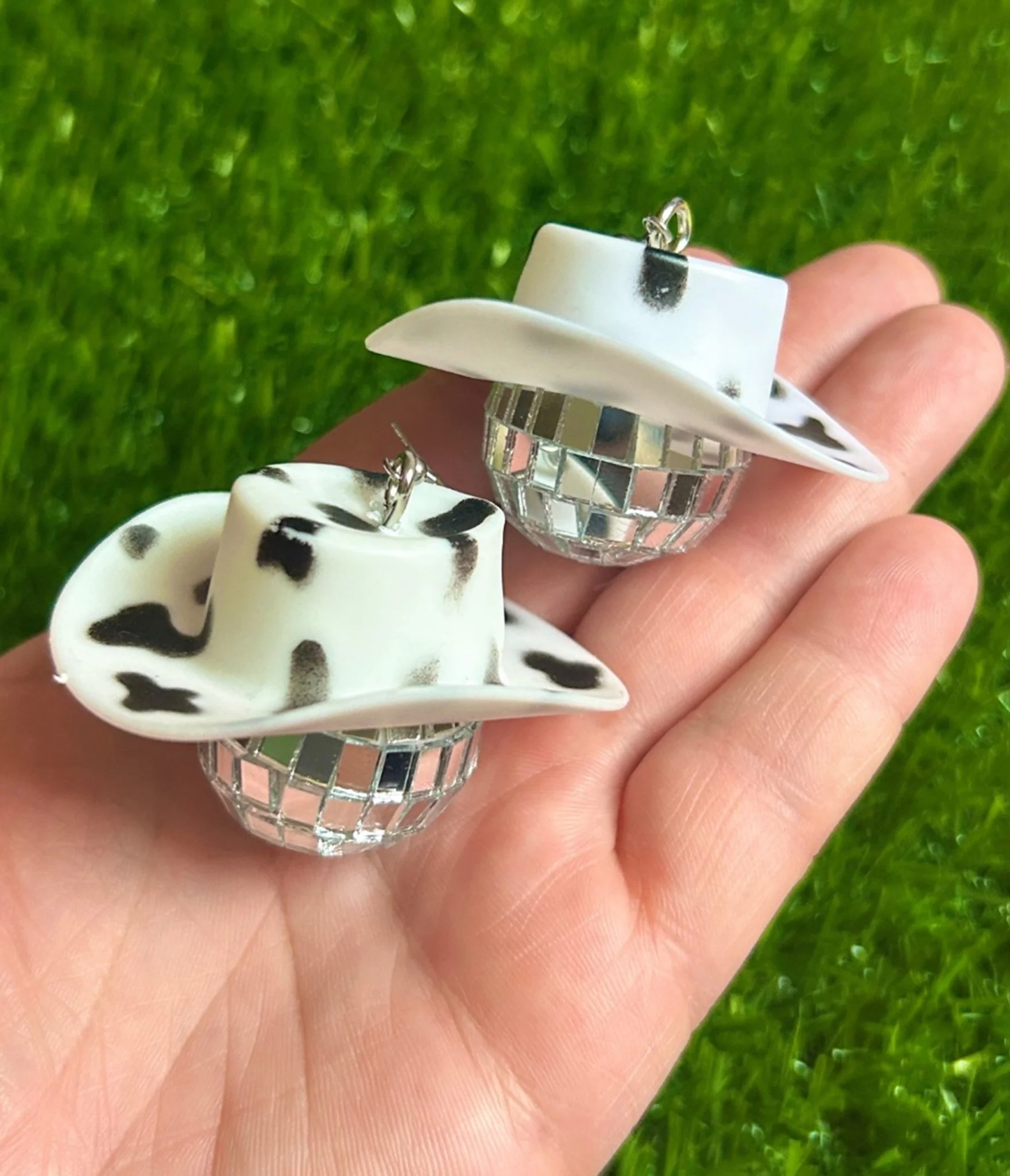 Cow Print Cowboy Hat Disco Ball Earrings - Image 4