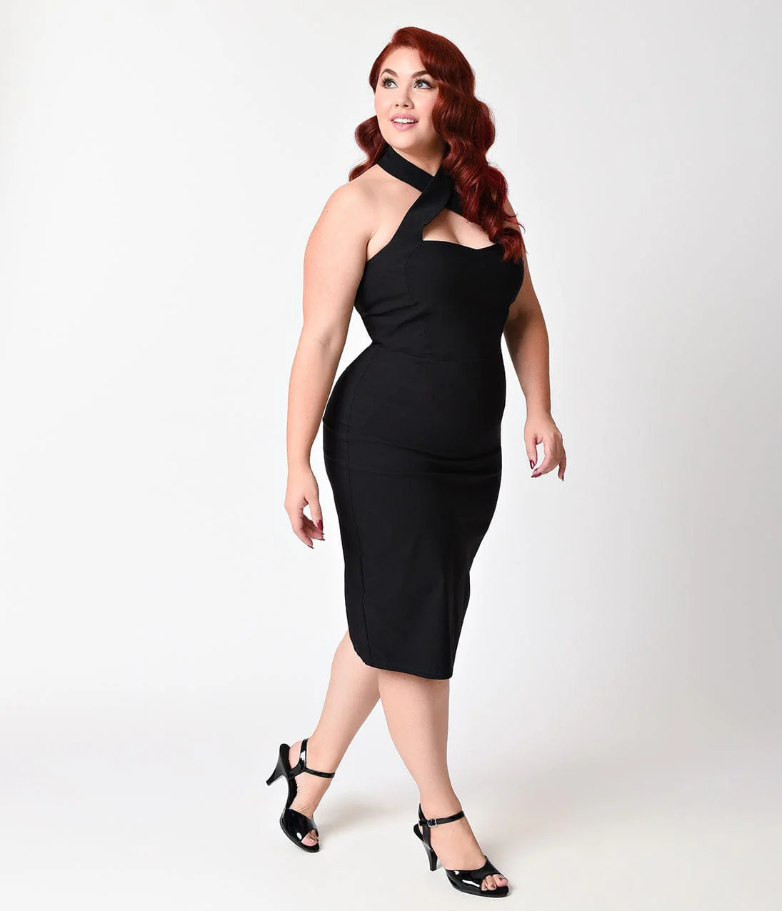 Unique Vintage Plus Size 1960s Black Criss Cross Halter Penelope Wiggle Dress - Image 3