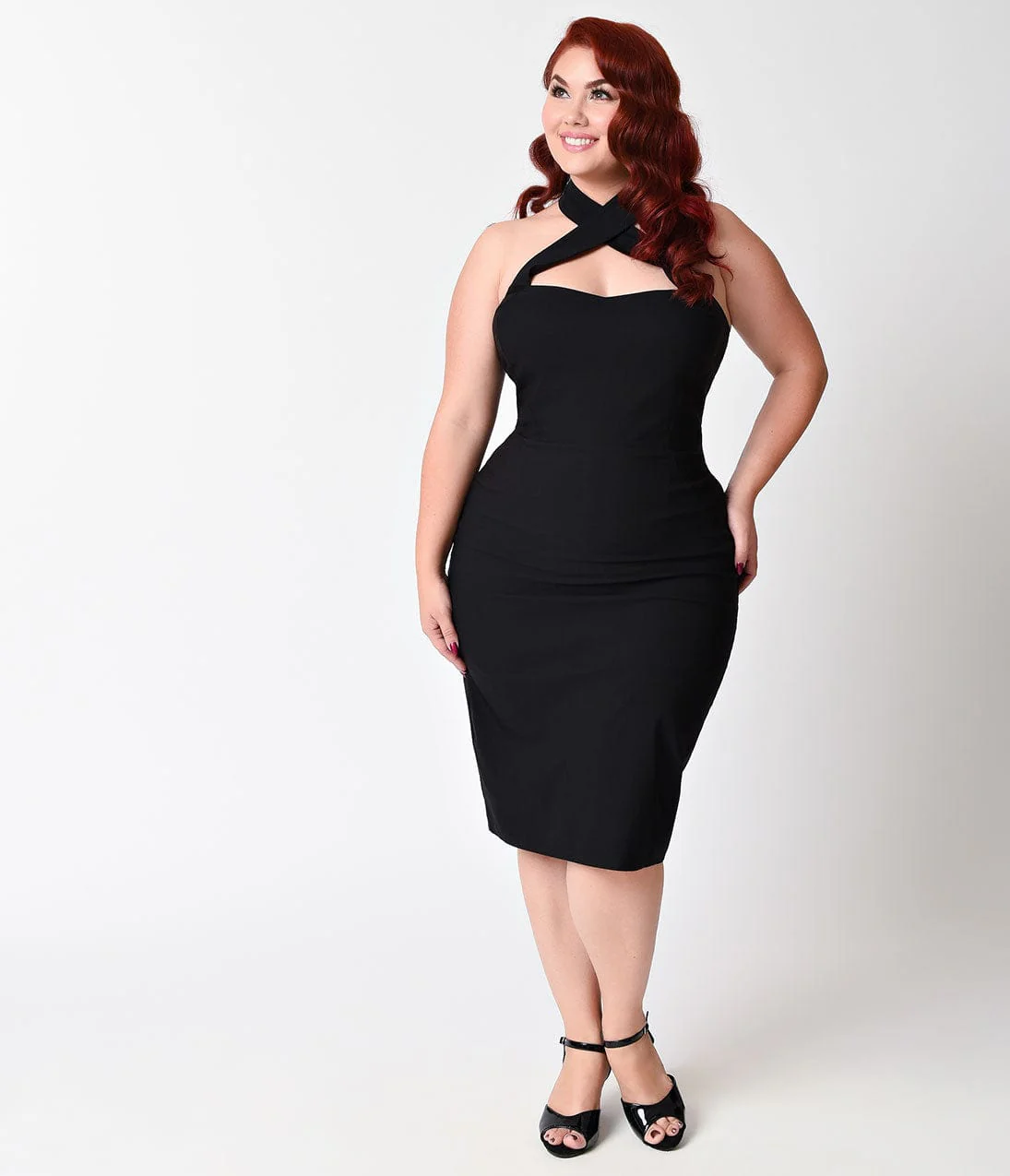 Unique Vintage Plus Size 1960s Black Criss Cross Halter Penelope Wiggle Dress - Image 4