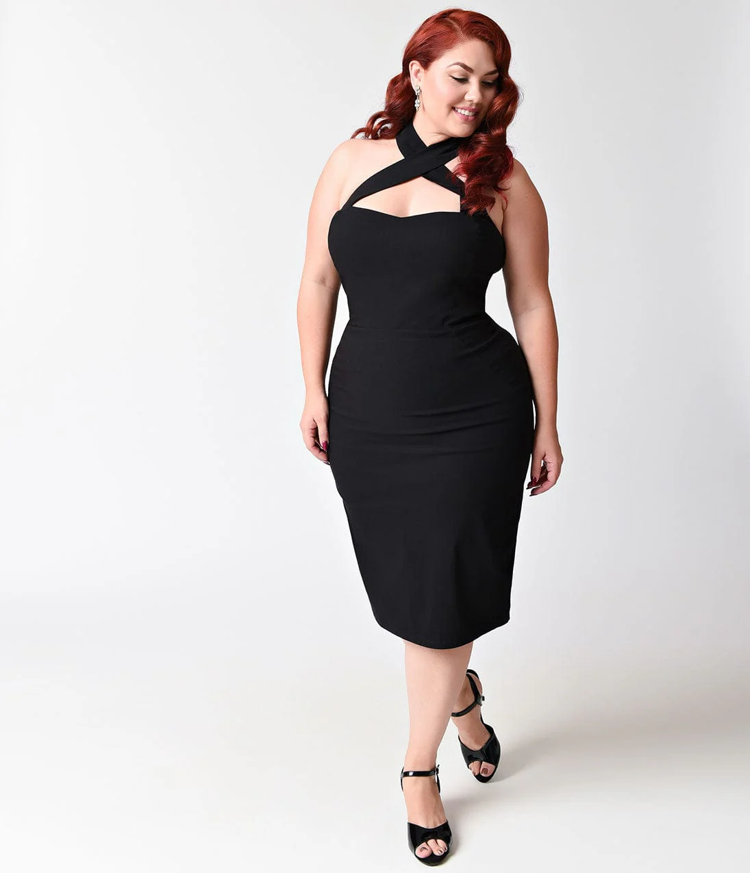 Unique Vintage Plus Size 1960s Black Criss Cross Halter Penelope Wiggle Dress - Image 5