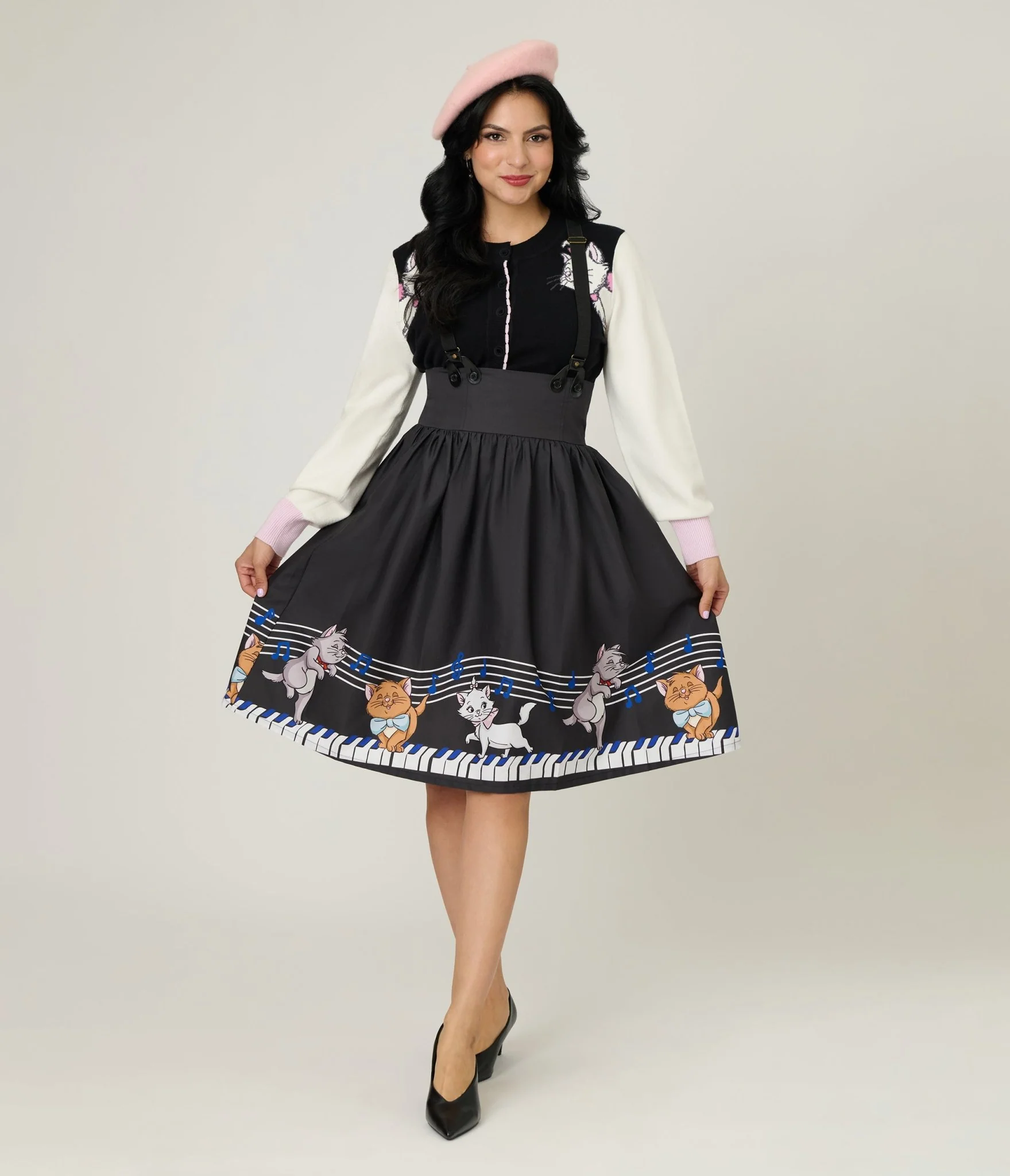 Disney Aristocats Collection by Unique Vintage Aristocats Piano Border Suspender Swing Skirt