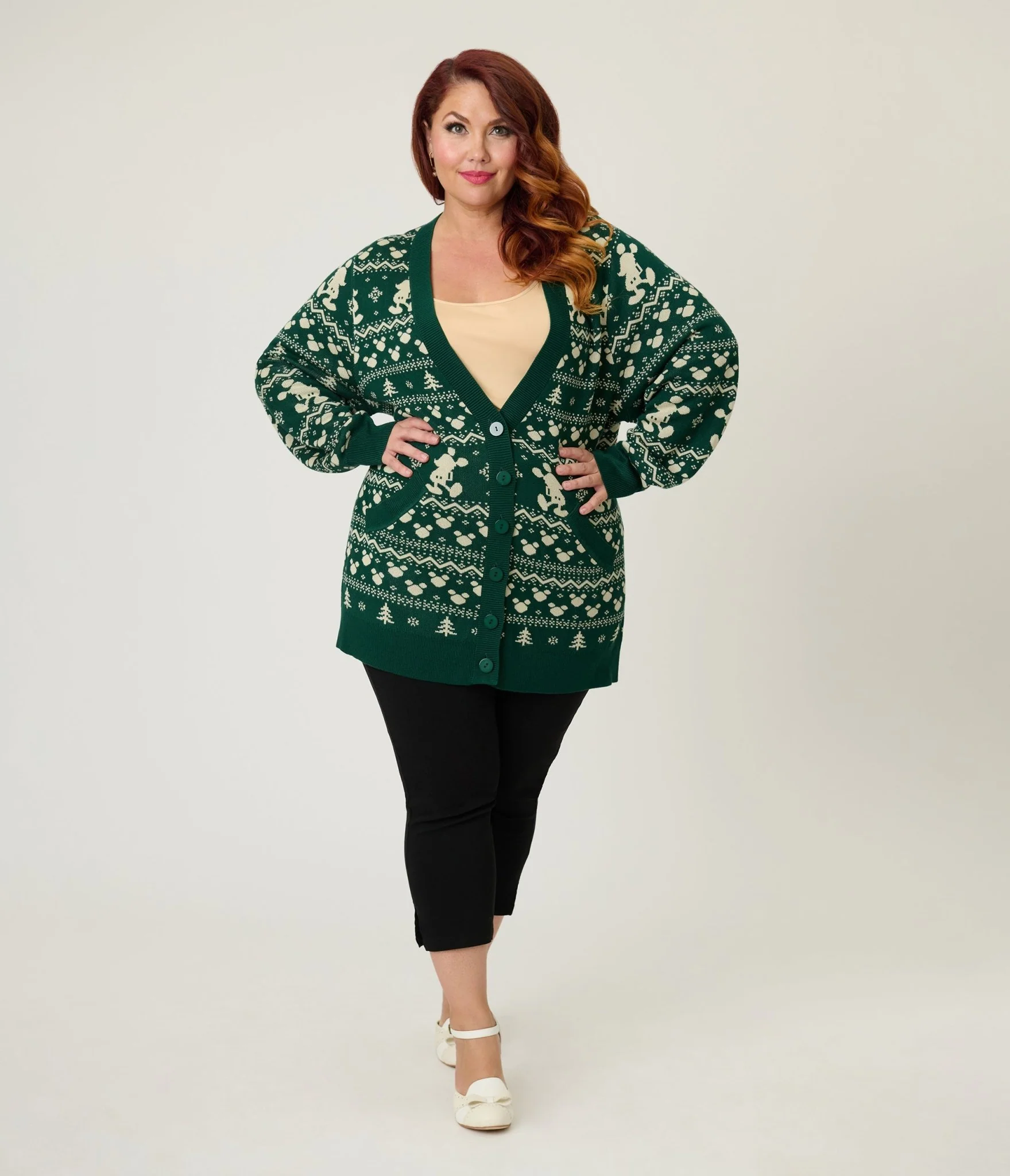 Disney Holiday Collection by Unique Vintage Plus Size Green Winter Mickey Fair Isle Cardigan - Image 3