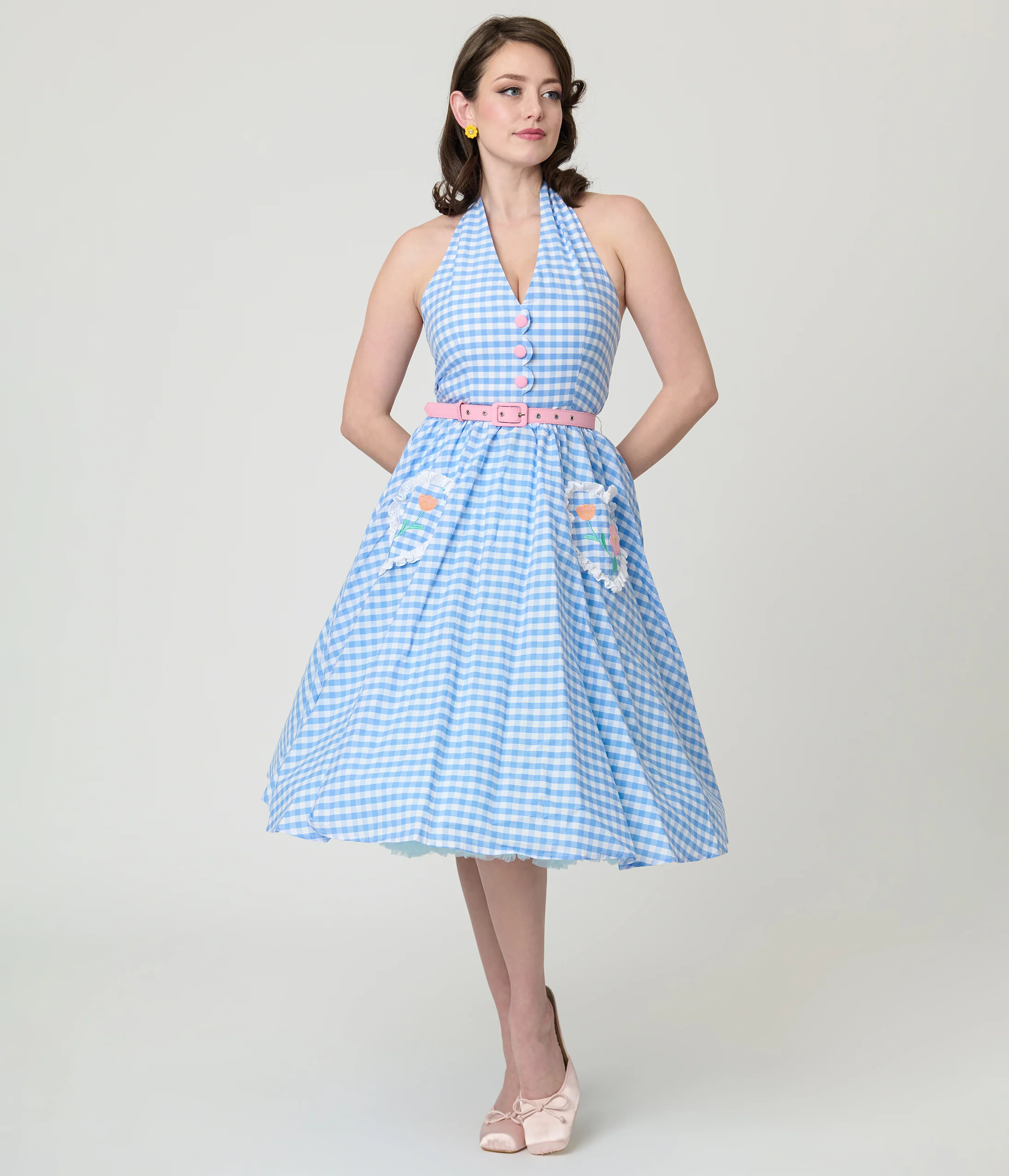Disney Mickey & Friends Collection by Unique Vintage Blue Gingham Cotton Halter Swing Dress - Image 3