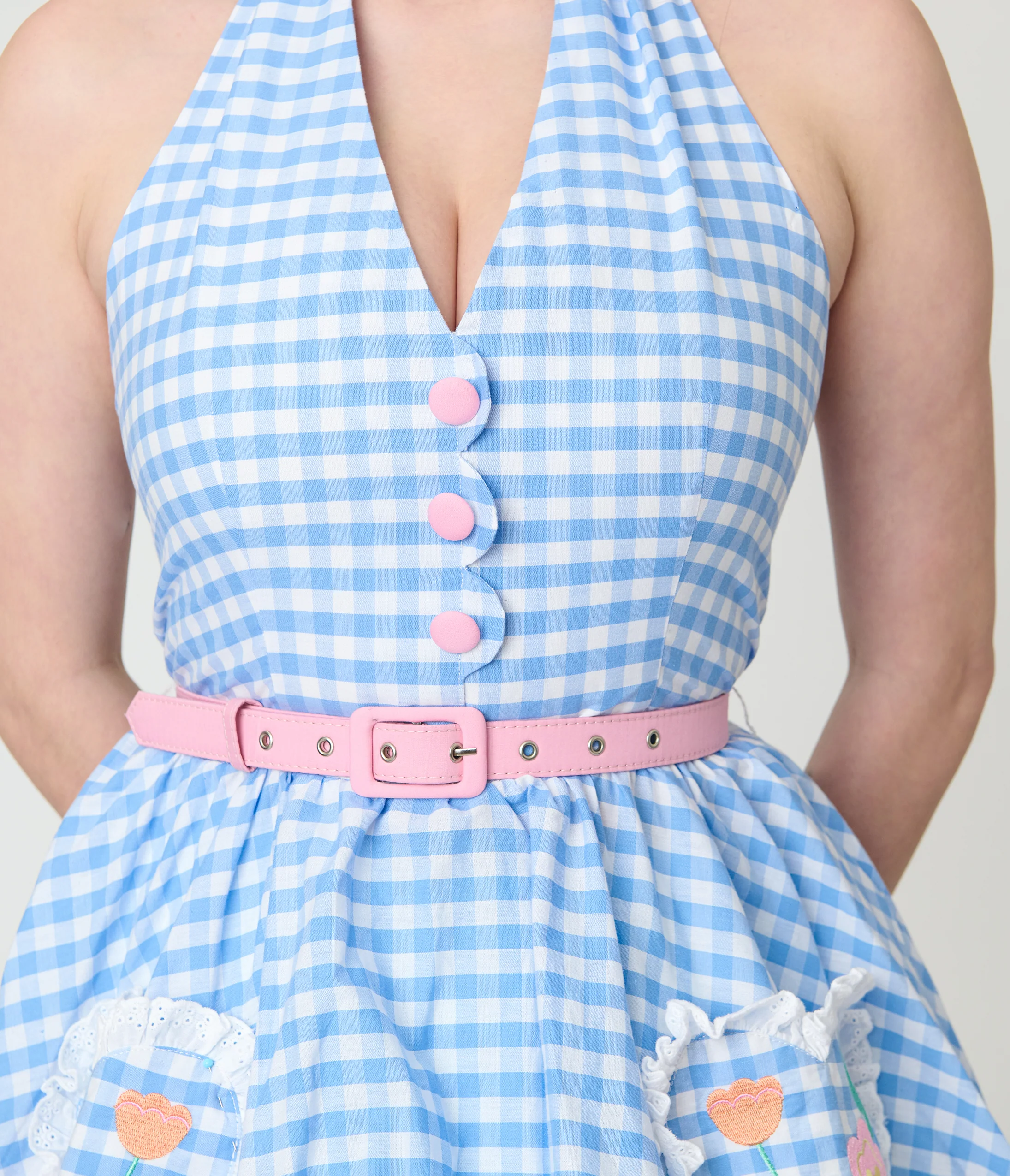 Disney Mickey & Friends Collection by Unique Vintage Blue Gingham Cotton Halter Swing Dress - Image 4