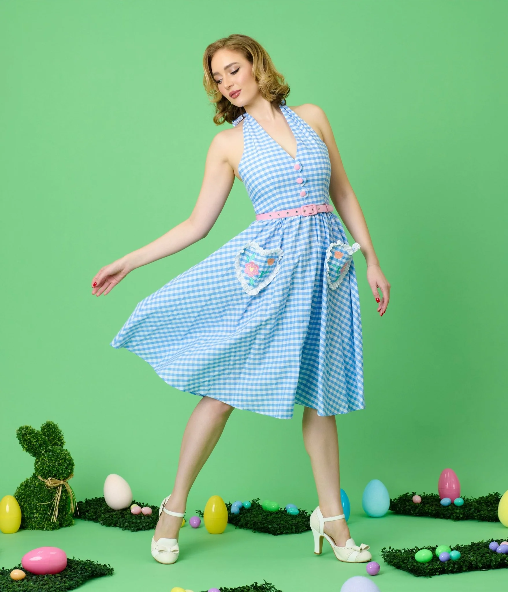 Disney Mickey & Friends Collection by Unique Vintage Blue Gingham Cotton Halter Swing Dress - Image 5