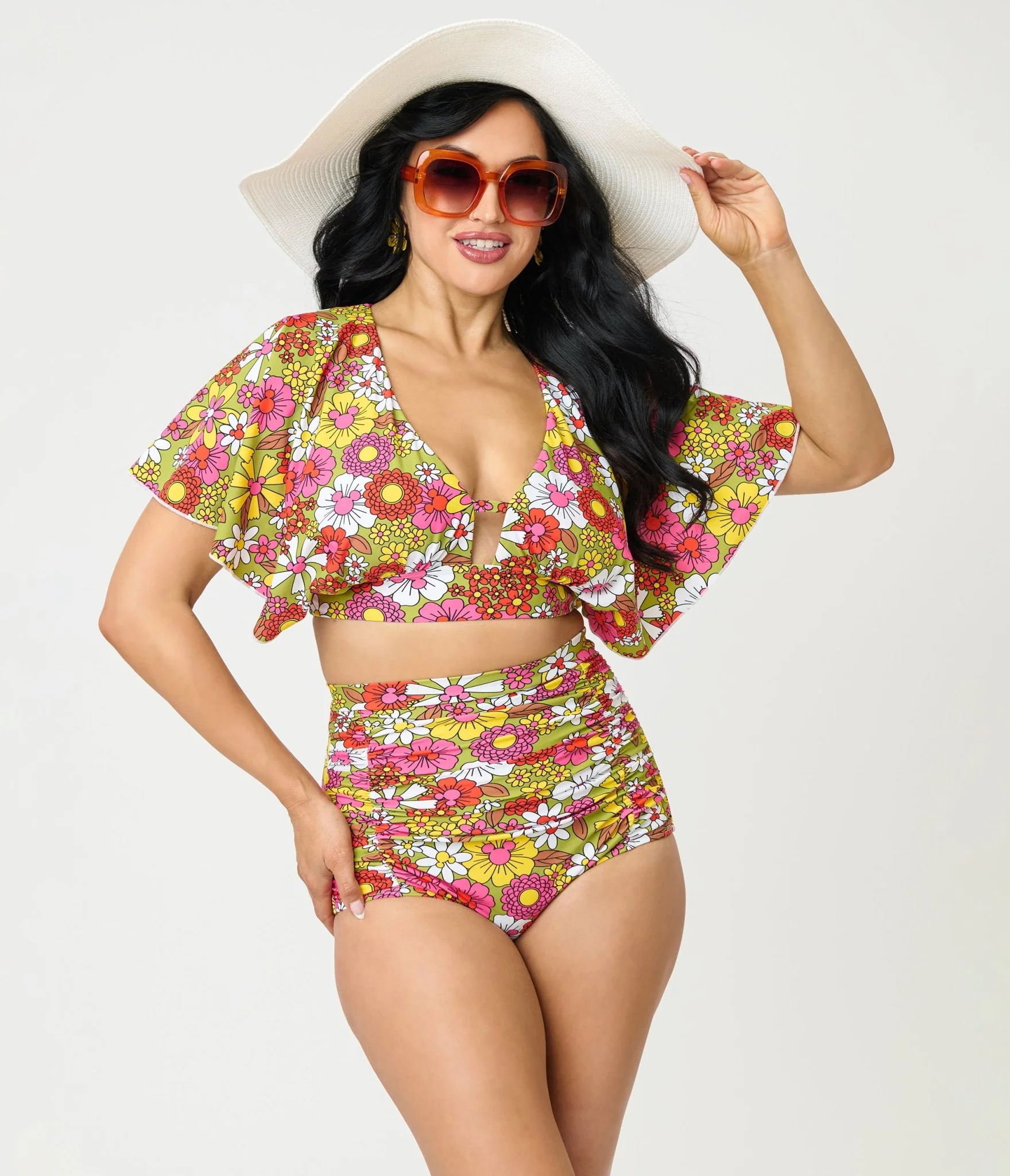 Disney Mickey & Friends Collection by Unique Vintage Mickey Floral Flutter Sleeve Swim Top
