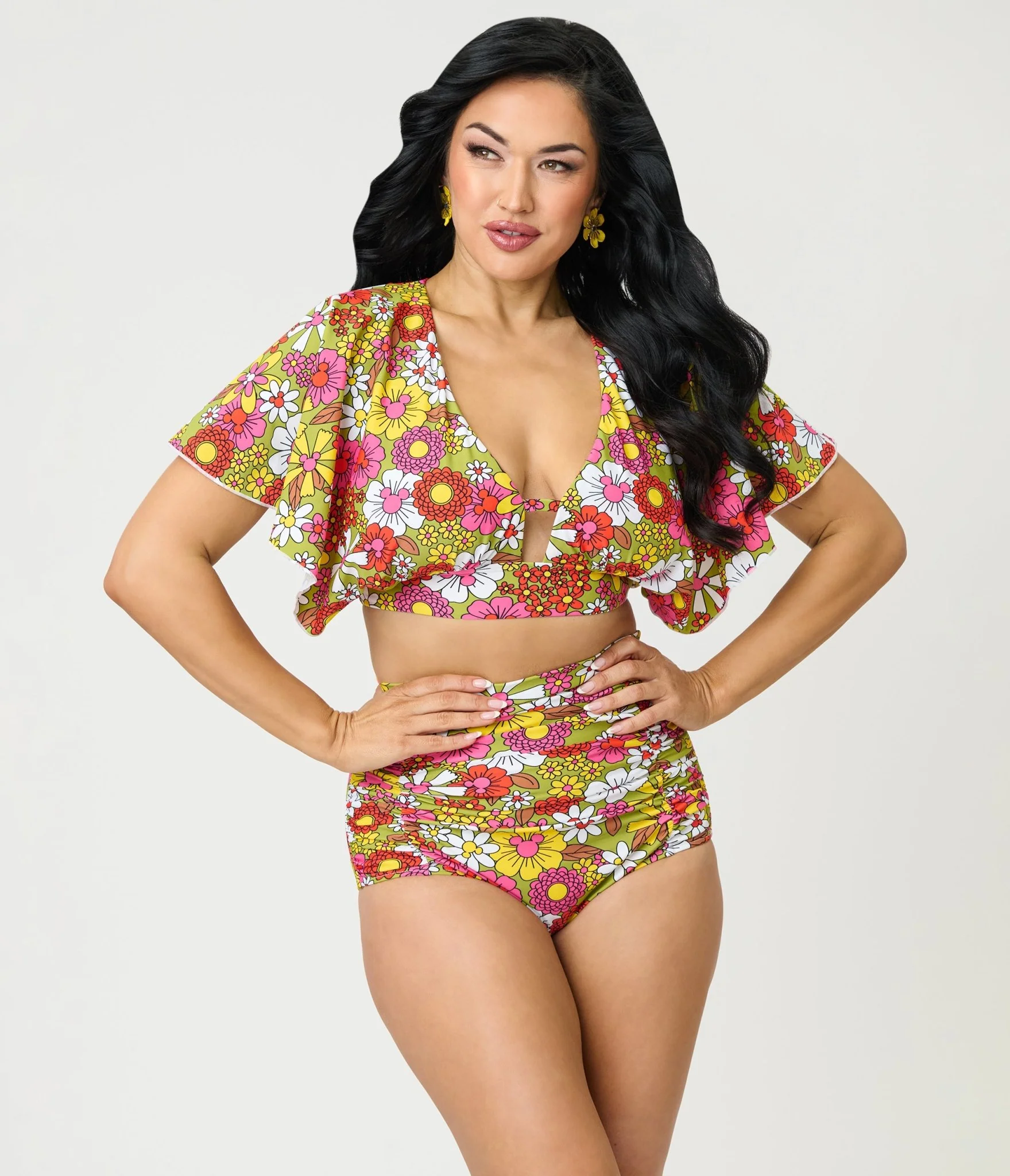Disney Mickey & Friends Collection by Unique Vintage Mickey Floral Flutter Sleeve Swim Top - Image 3