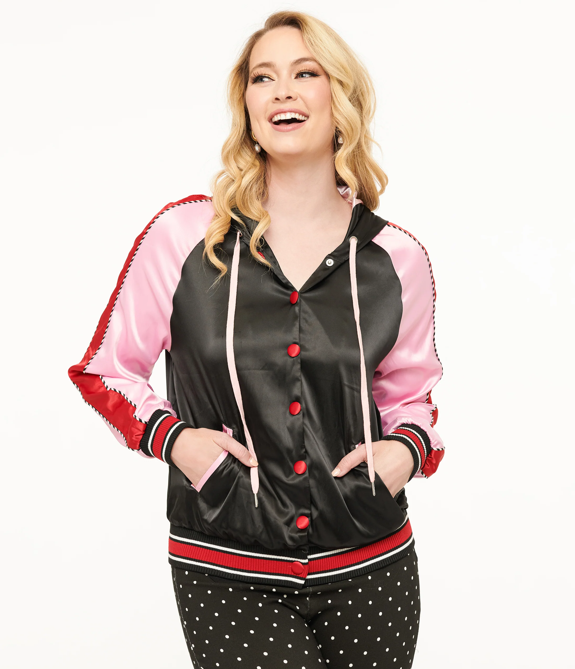 Disney Mickey & Friends Collection by Unique Vintage Minnie Mouse Hooded Satin Bomber Jacket - Image 3