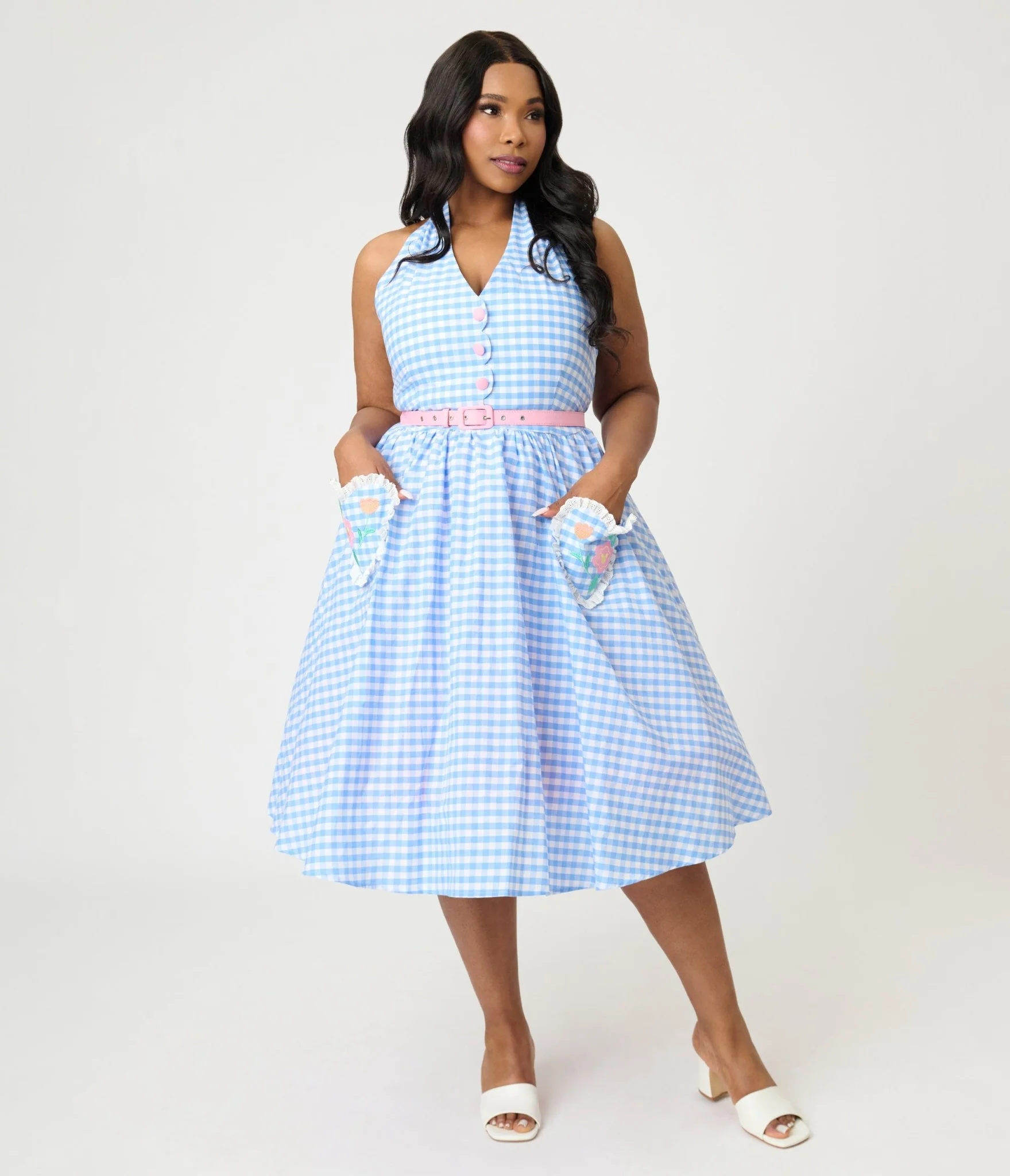 Disney Mickey & Friends Collection by Unique Vintage Plus Size Blue Gingham Cotton Halter Swing Dress