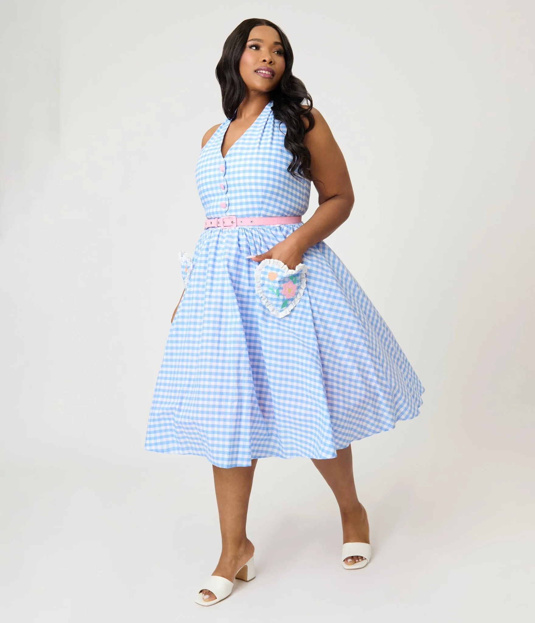 Disney Mickey & Friends Collection by Unique Vintage Plus Size Blue Gingham Cotton Halter Swing Dress - Image 3