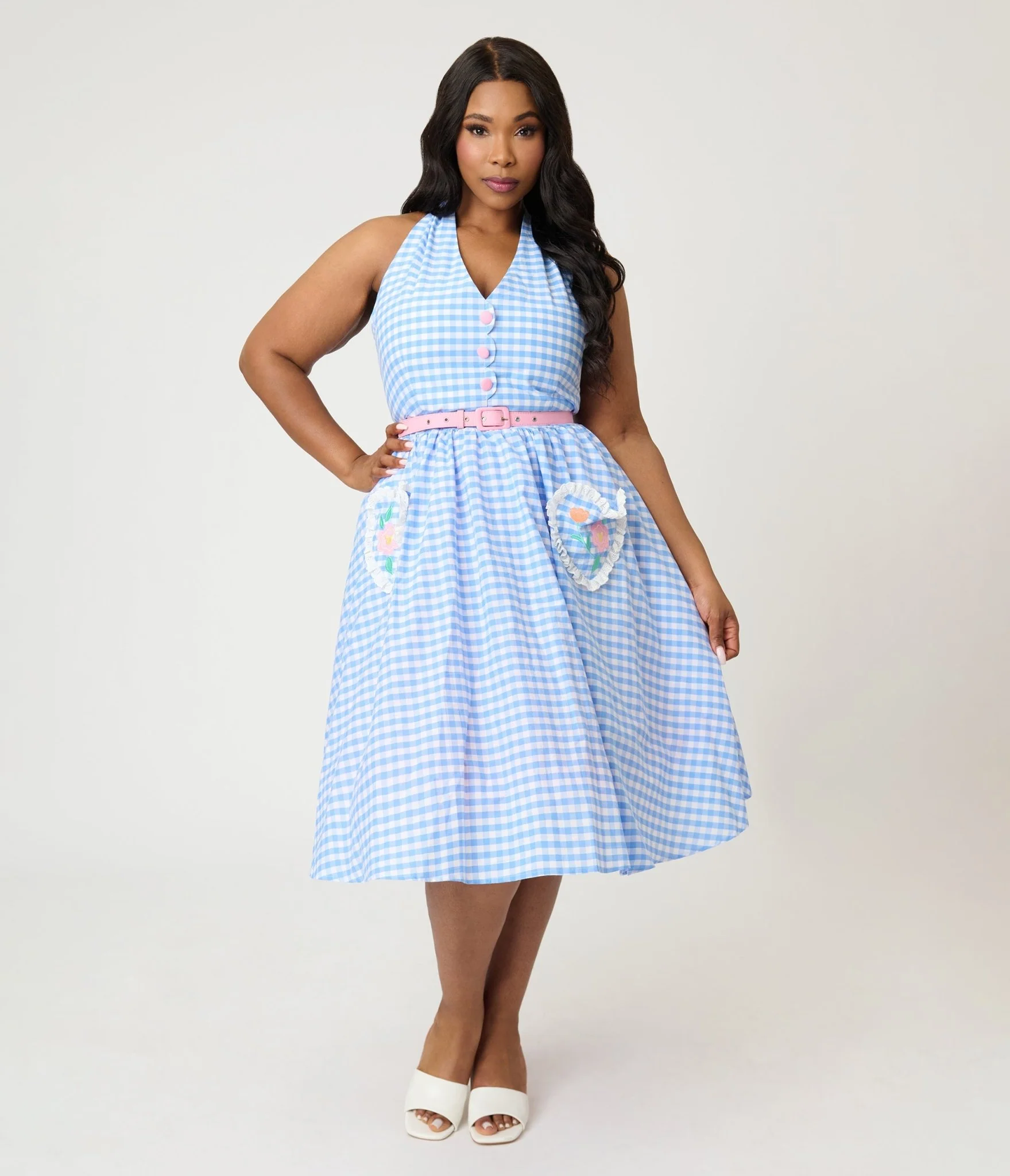 Disney Mickey & Friends Collection by Unique Vintage Plus Size Blue Gingham Cotton Halter Swing Dress - Image 4